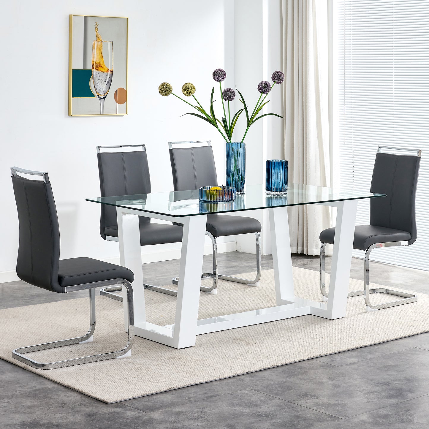 Rectangular Dining  Transparent Tempered Glass Tabletop with White Trapezoid Bracket_4