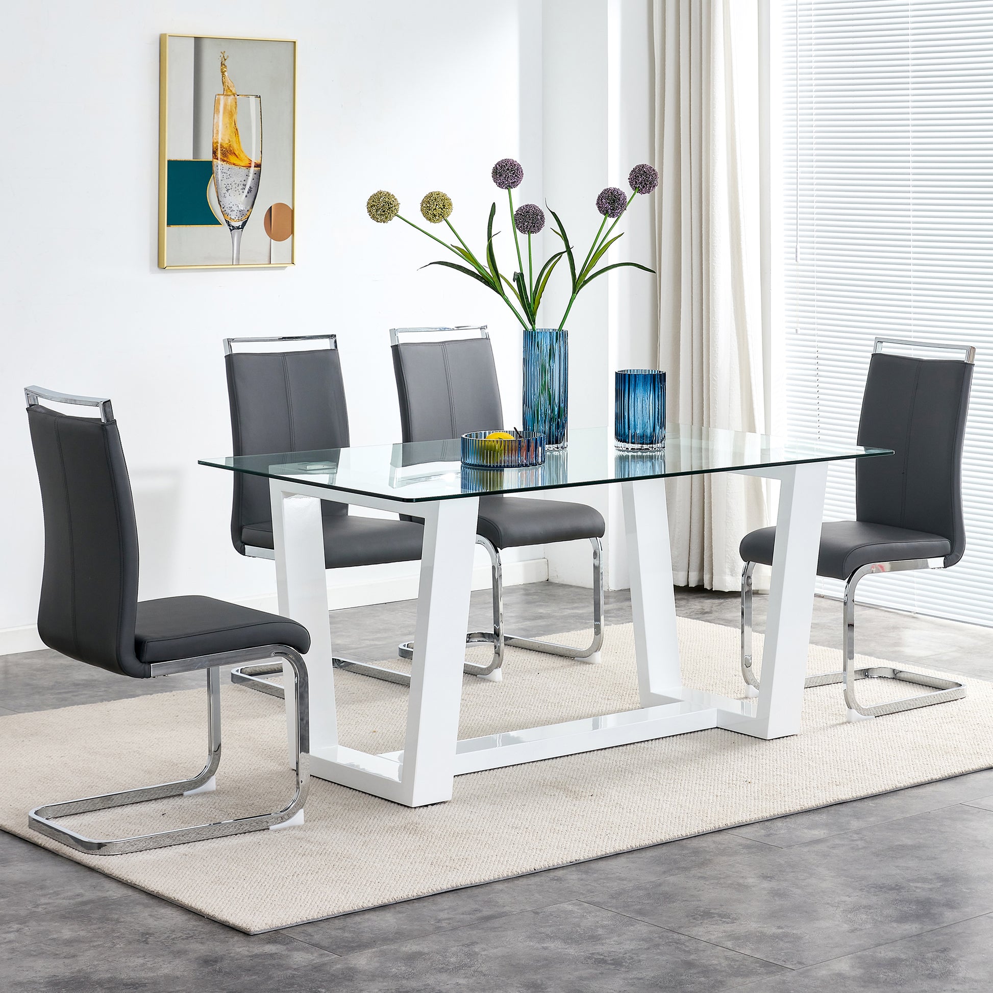 Rectangular Dining  Transparent Tempered Glass Tabletop with White Trapezoid Bracket_4