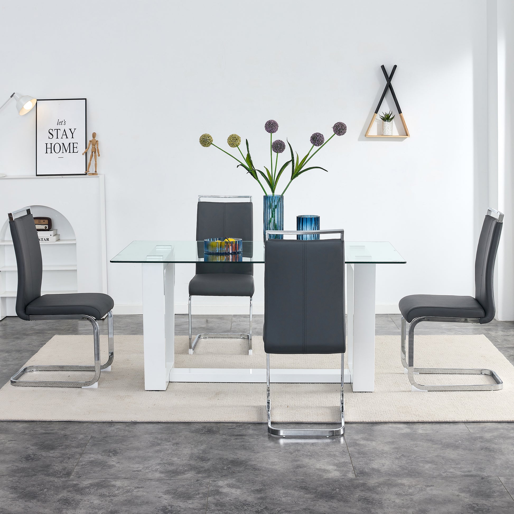 Rectangular Dining  Transparent Tempered Glass Tabletop with White Trapezoid Bracket_2