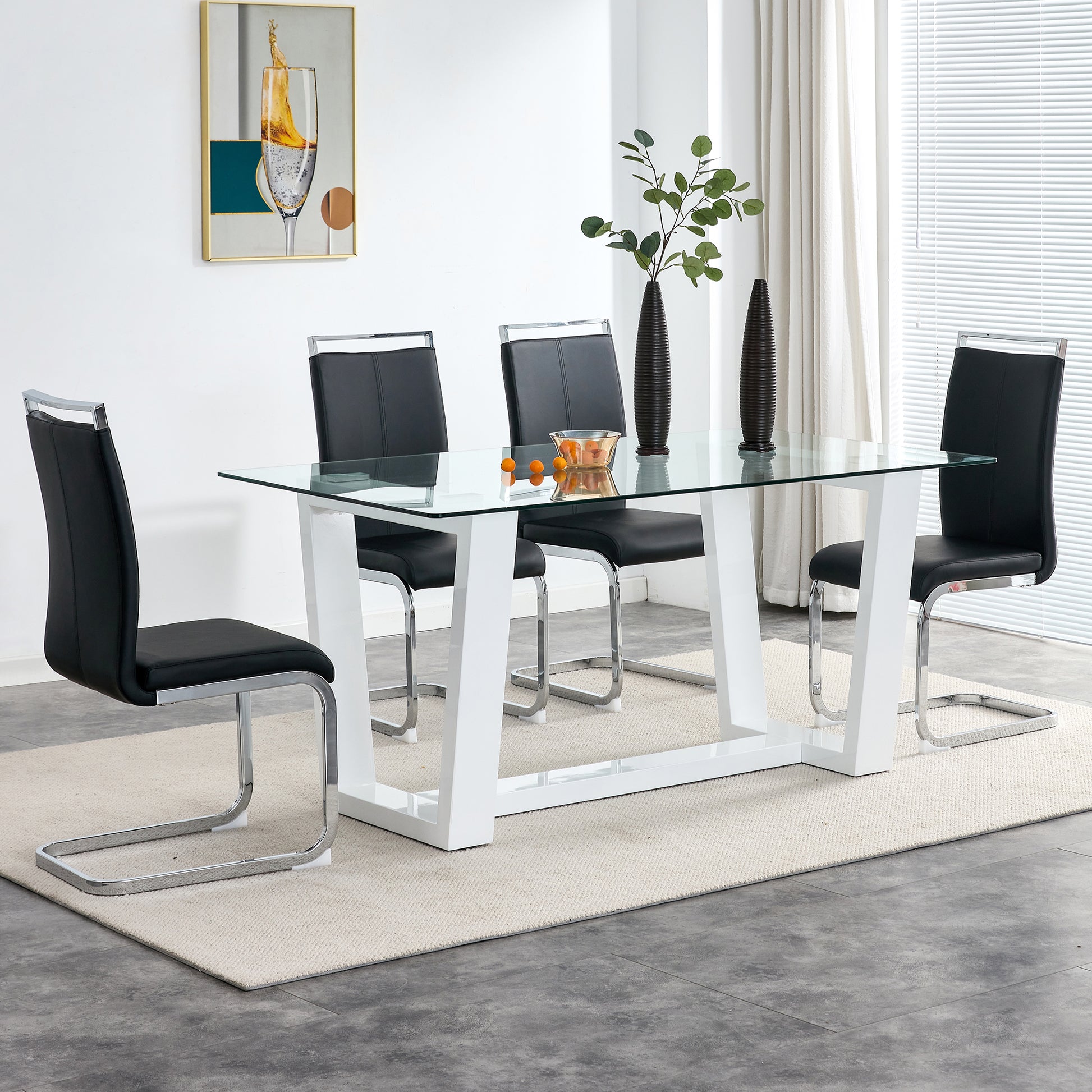 Rectangular Dining  Transparent Tempered Glass Tabletop with White Trapezoid Bracket_6