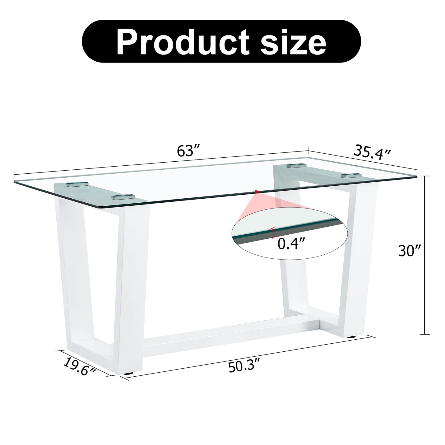 Rectangular Dining  Transparent Tempered Glass Tabletop with White Trapezoid Bracket_24