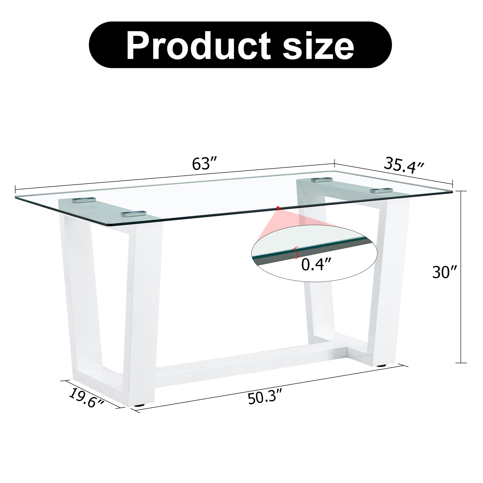 Rectangular Dining  Transparent Tempered Glass Tabletop with White Trapezoid Bracket_24