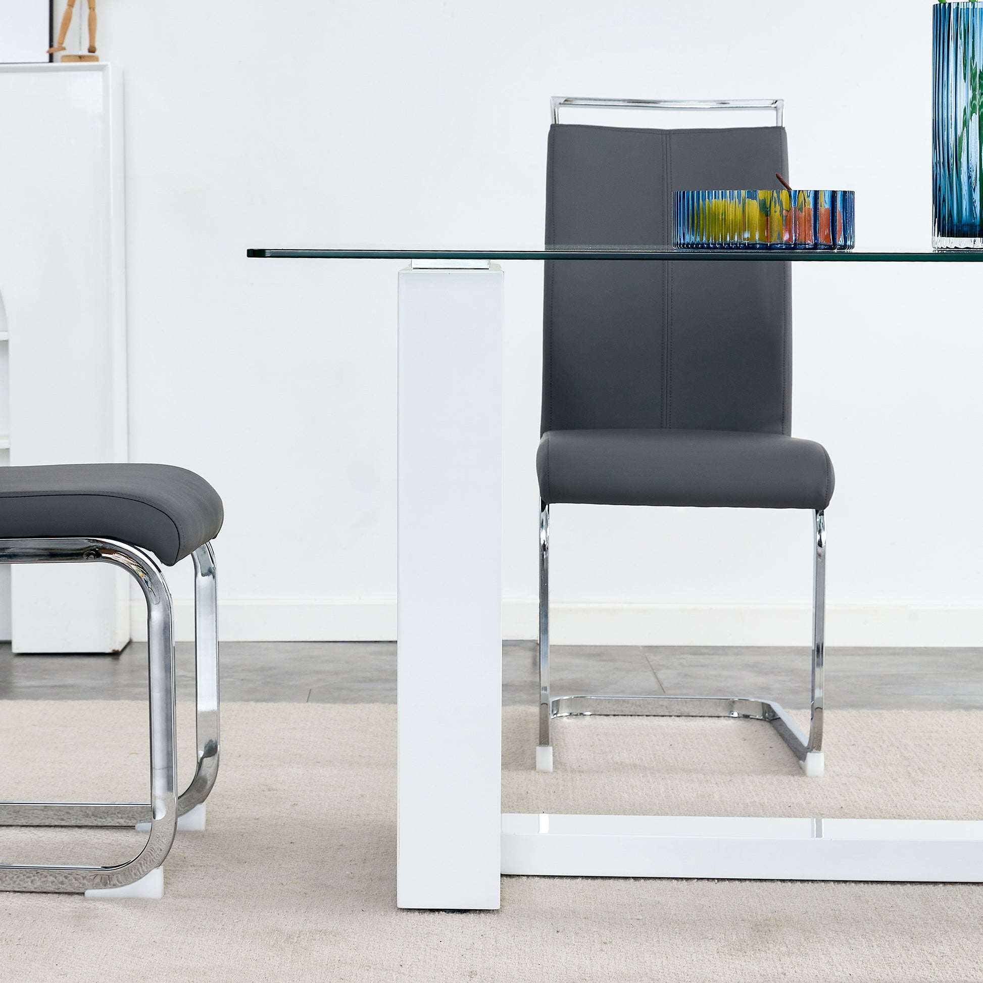 Rectangular Dining  Transparent Tempered Glass Tabletop with White Trapezoid Bracket_13