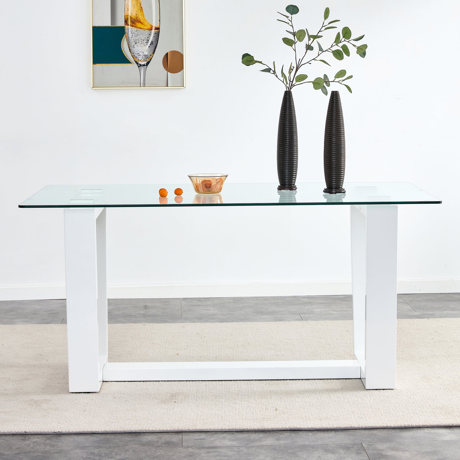 Rectangular Dining  Transparent Tempered Glass Tabletop with White Trapezoid Bracket_1