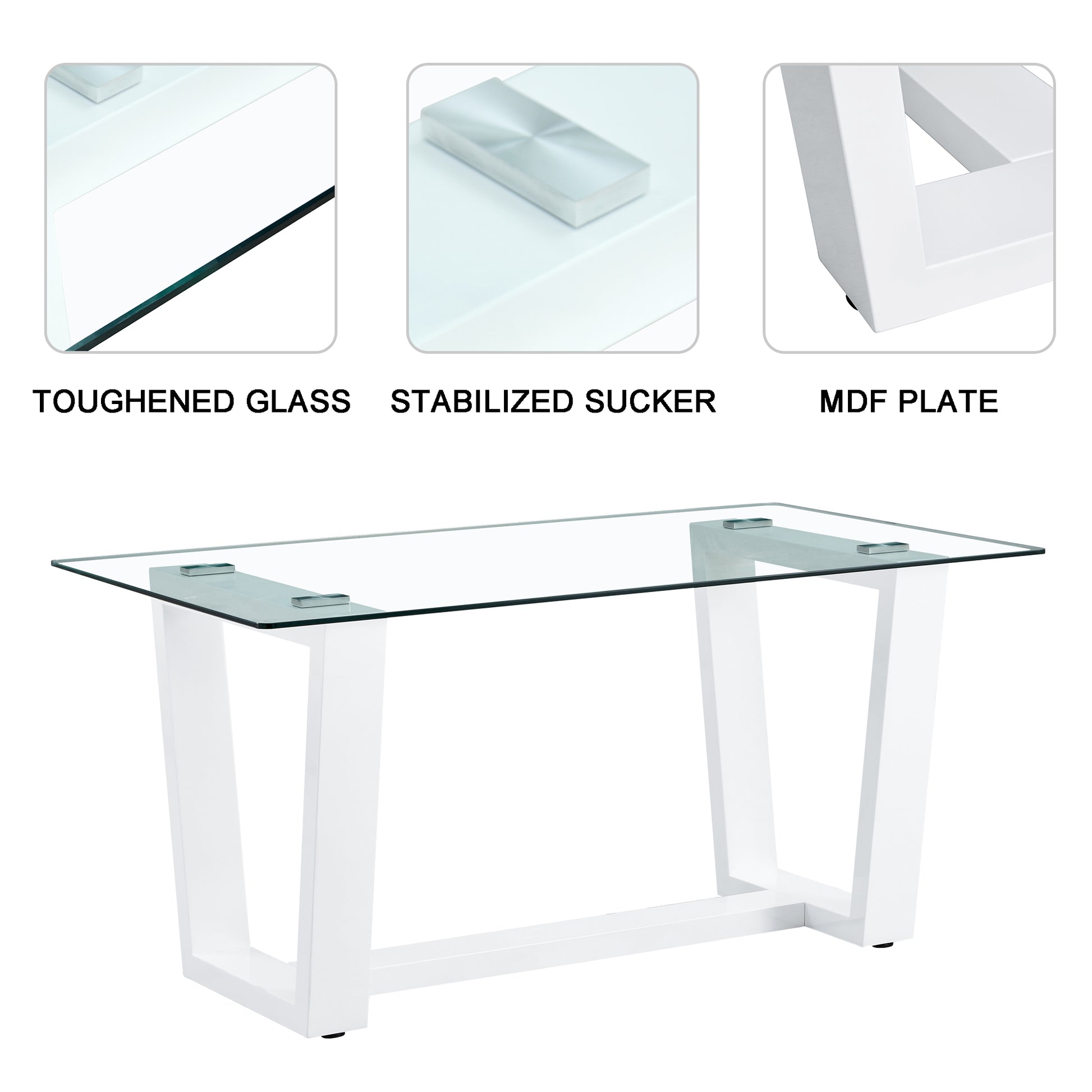 Rectangular Dining  Transparent Tempered Glass Tabletop with White Trapezoid Bracket_21