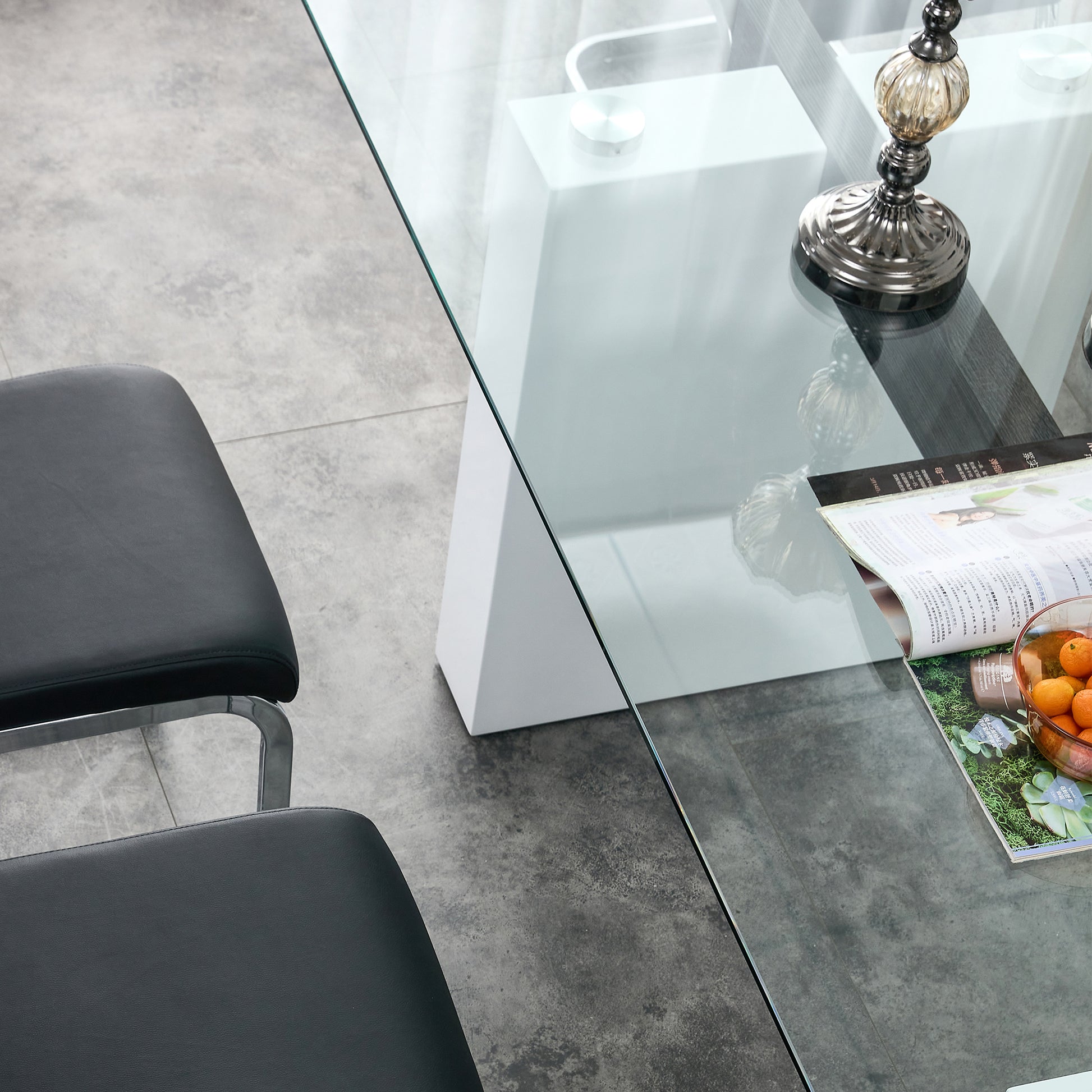 Rectangular Dining  Transparent Tempered Glass Tabletop with White Trapezoid Bracket_8