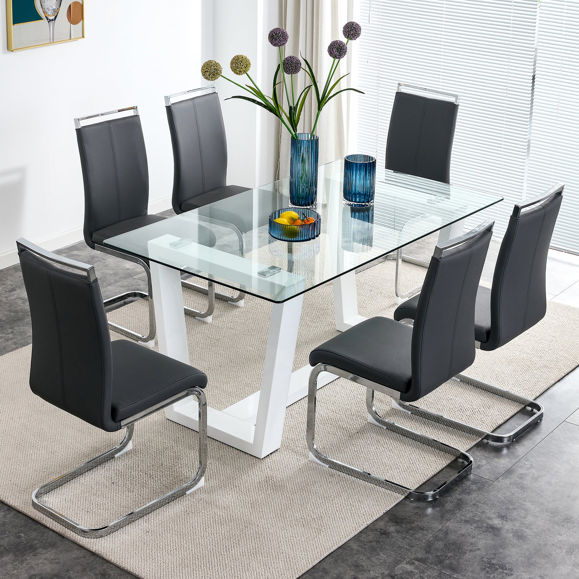 Rectangular Dining  Transparent Tempered Glass Tabletop with White Trapezoid Bracket_5