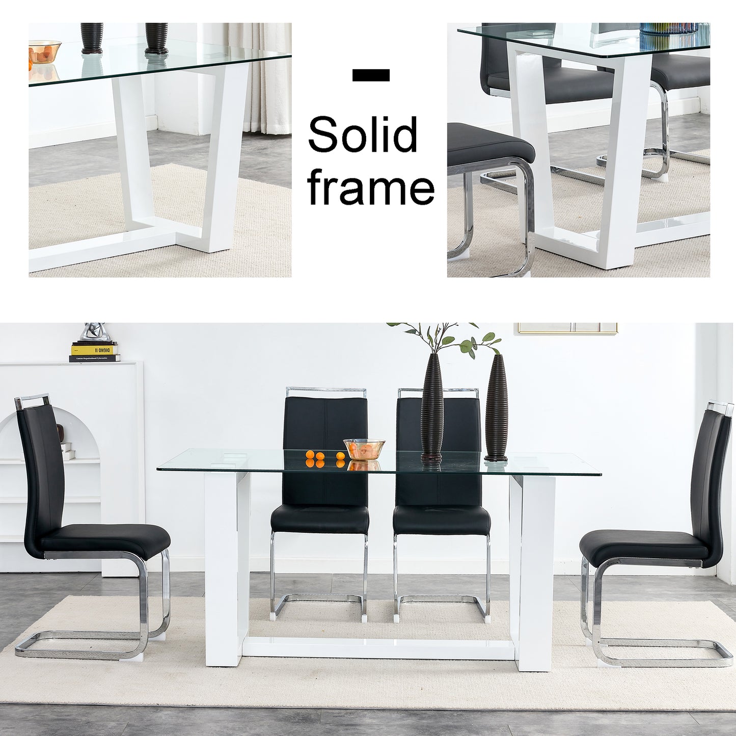 Rectangular Dining  Transparent Tempered Glass Tabletop with White Trapezoid Bracket_25
