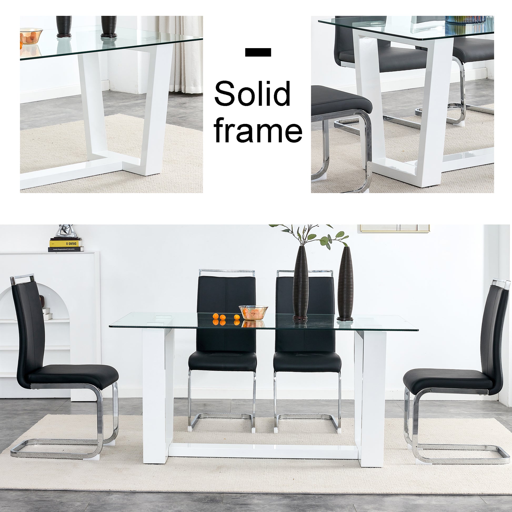 Rectangular Dining  Transparent Tempered Glass Tabletop with White Trapezoid Bracket_25