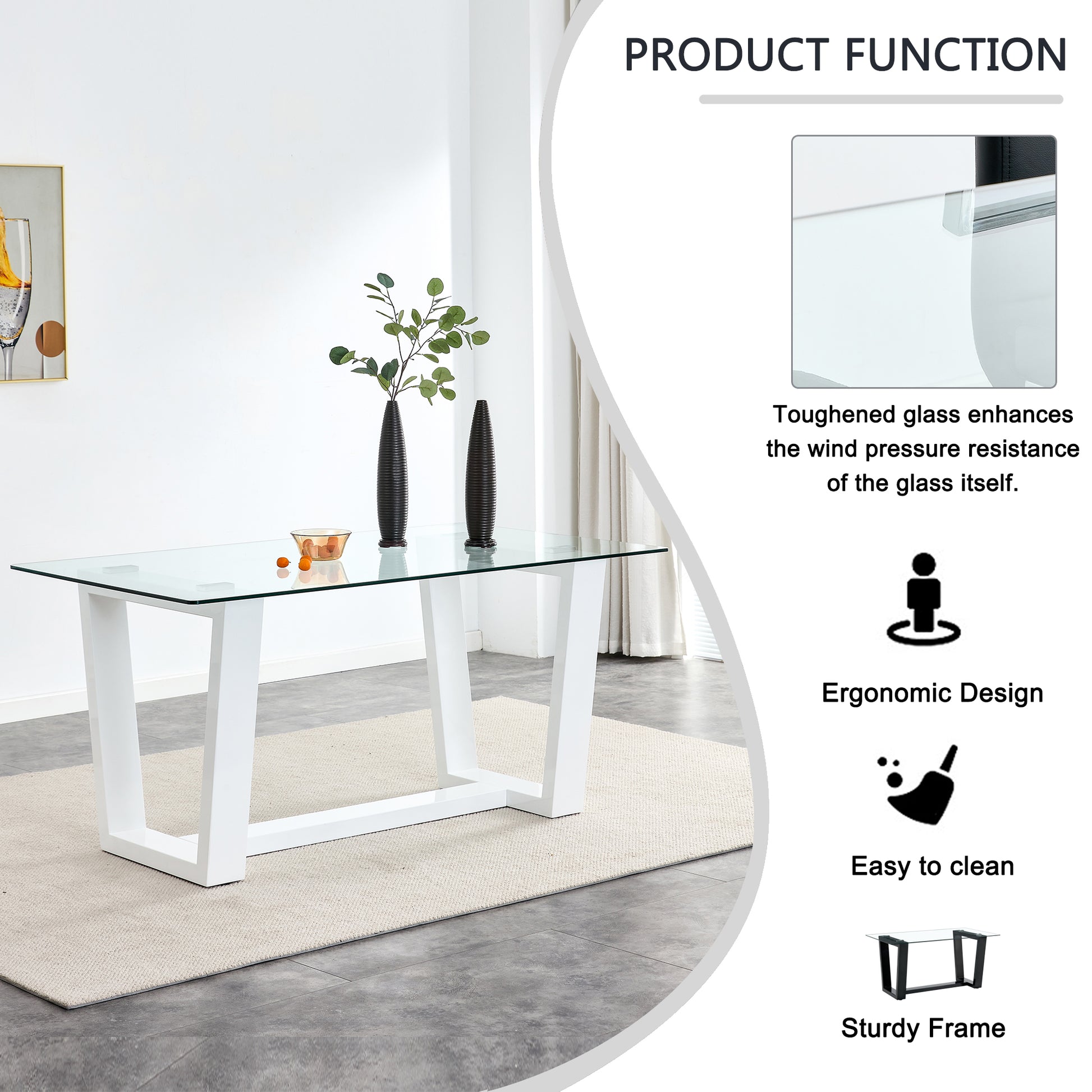 Rectangular Dining  Transparent Tempered Glass Tabletop with White Trapezoid Bracket_22