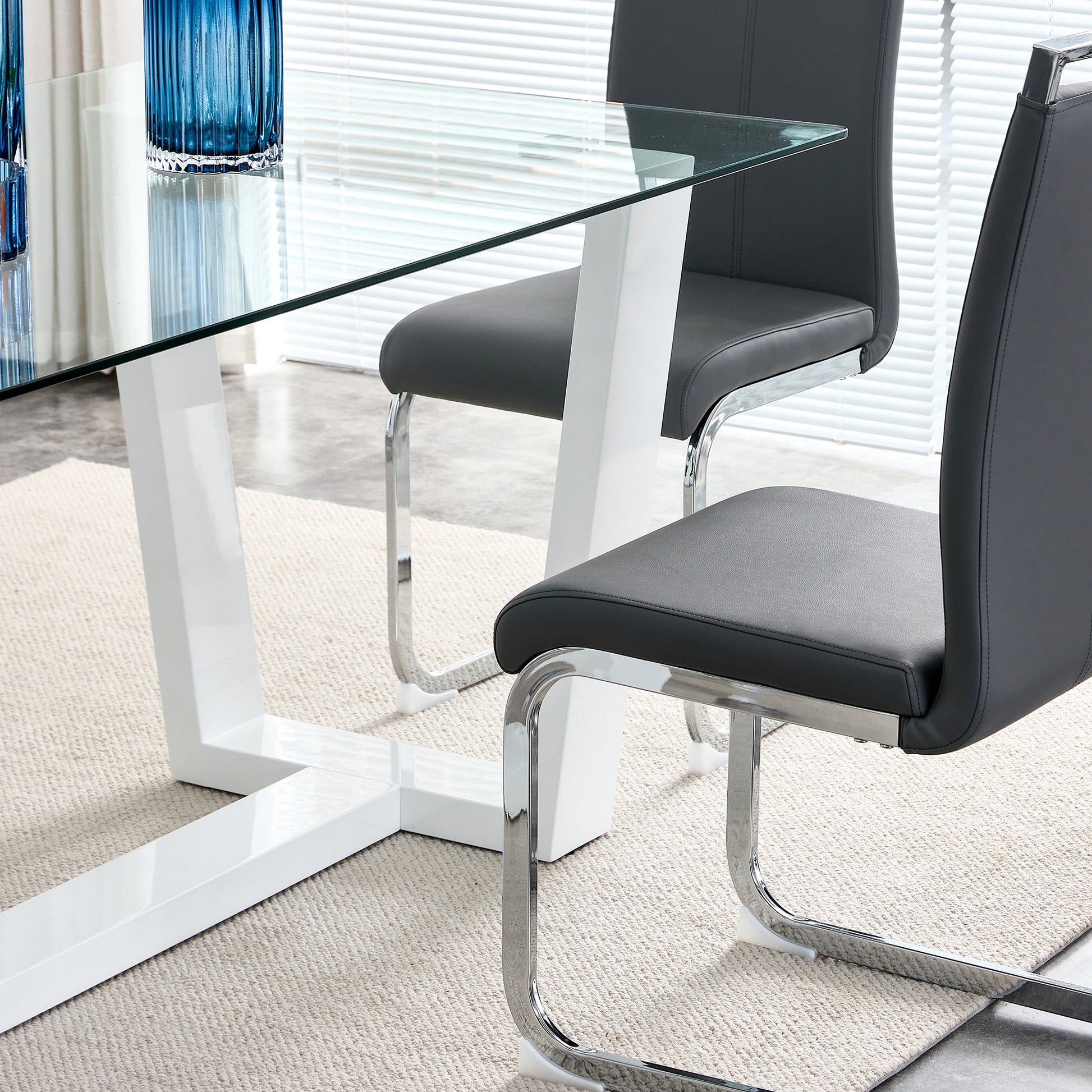 Rectangular Dining  Transparent Tempered Glass Tabletop with White Trapezoid Bracket_12