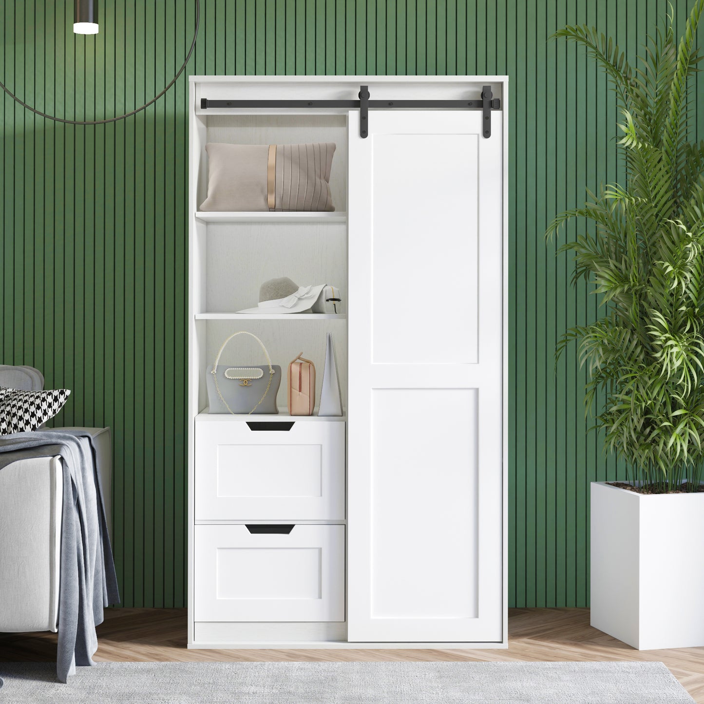 Freestanding Contemporary Wooden Closet Cabinet with Hanging Rod- Antique White_0