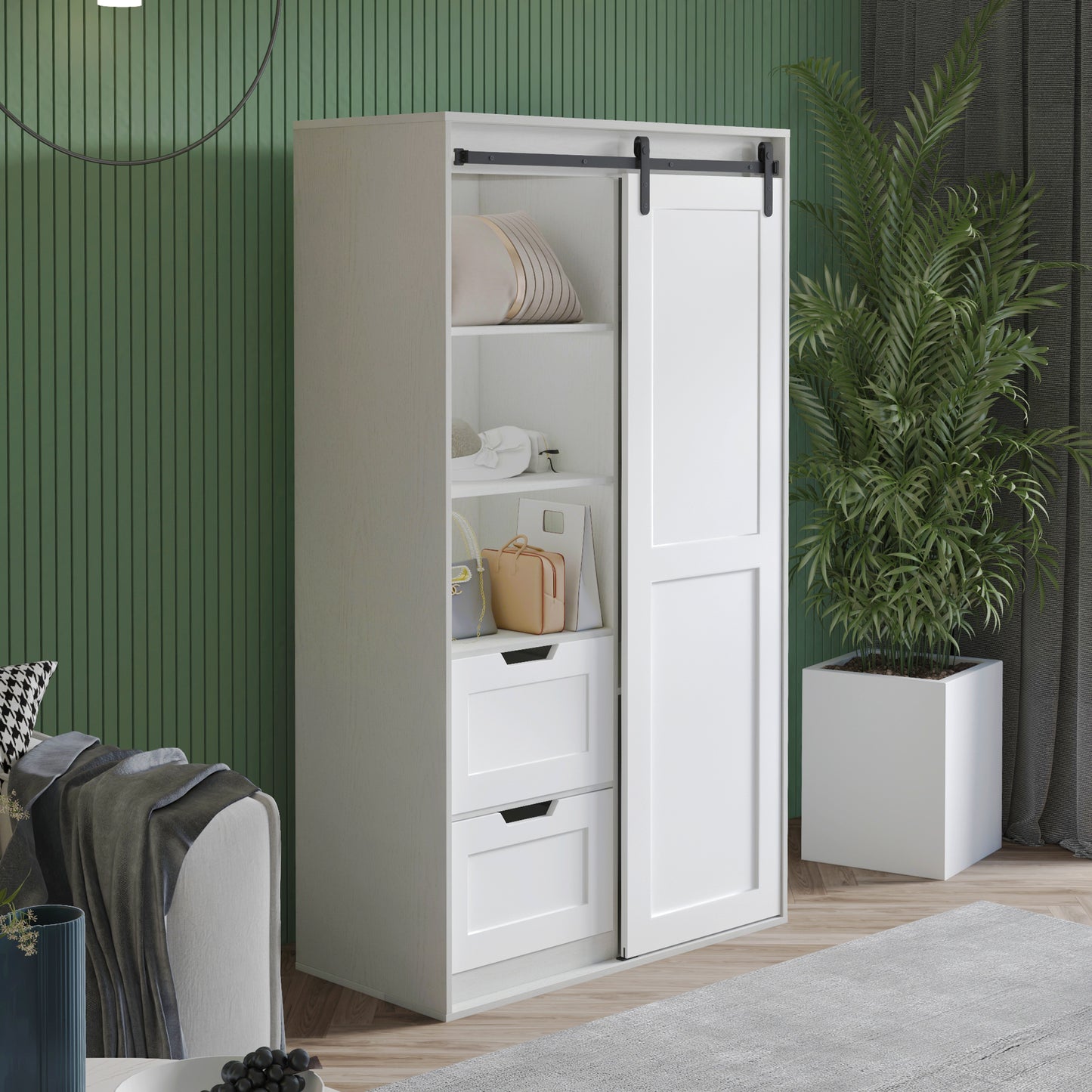 Freestanding Contemporary Wooden Closet Cabinet with Hanging Rod- Antique White_1