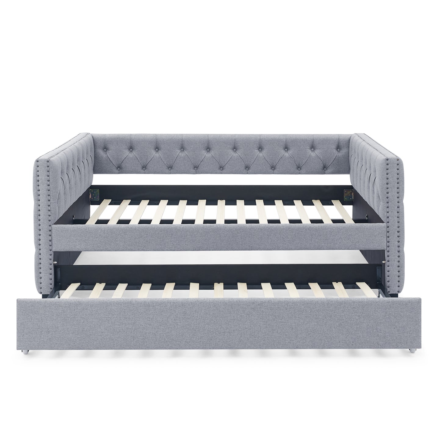 Twin Size Daybed with Trundle Upholstered Tufted Sofa Bed with Button and Copper Nails- Grey, Linen_5
