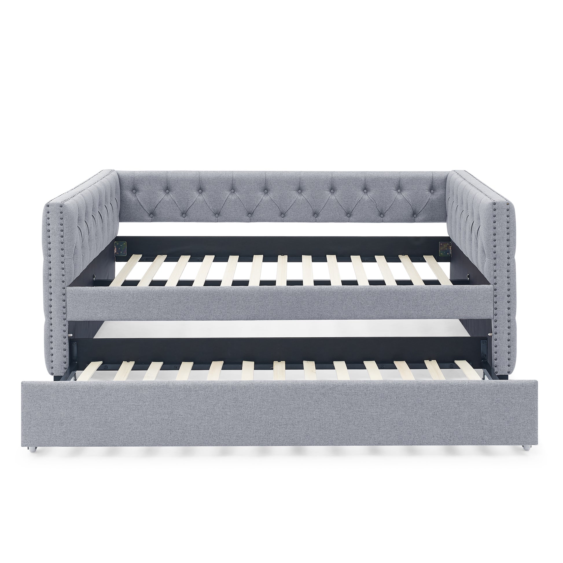 Twin Size Daybed with Trundle Upholstered Tufted Sofa Bed with Button and Copper Nails- Grey, Linen_5
