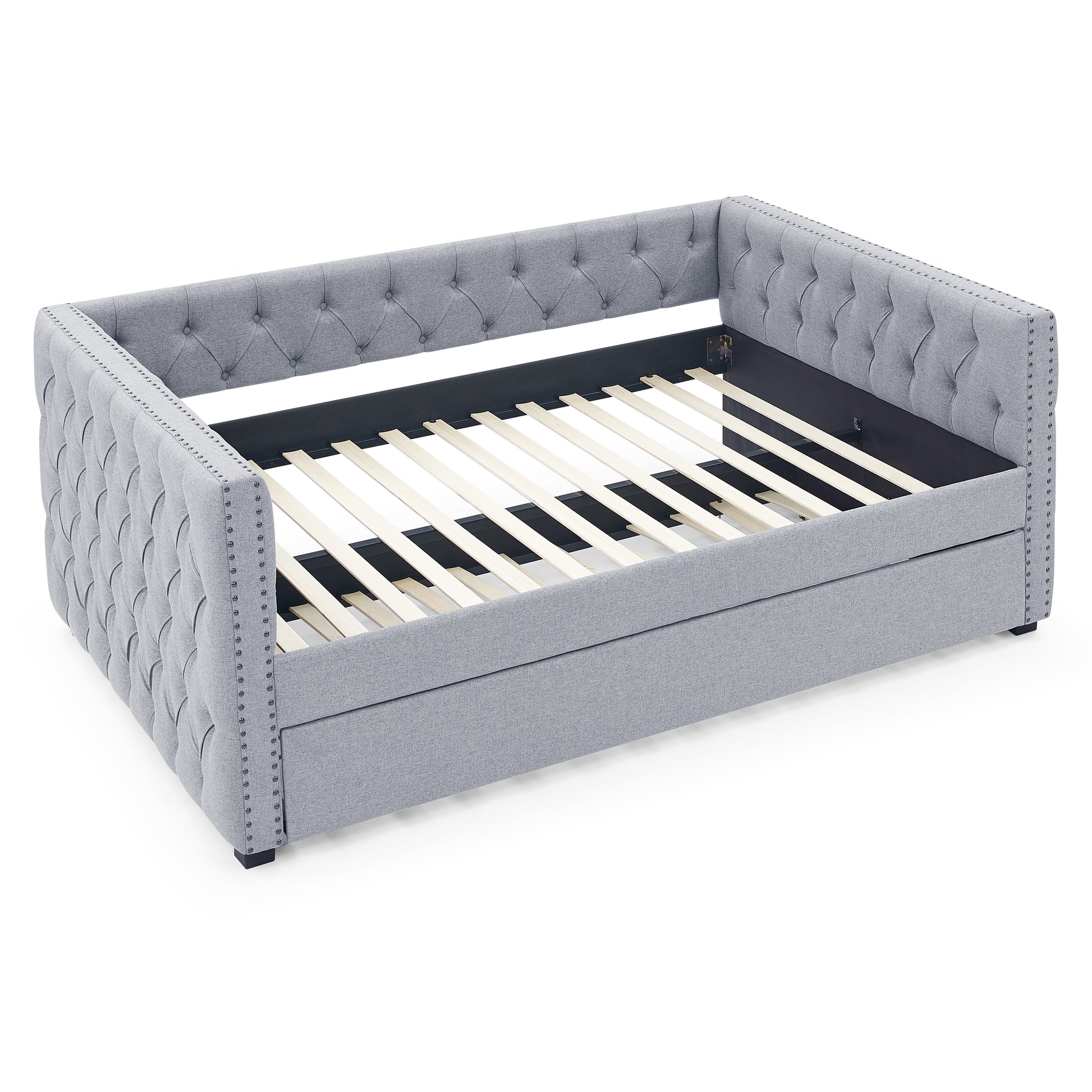 Twin Size Daybed with Trundle Upholstered Tufted Sofa Bed with Button and Copper Nails- Grey, Linen_3