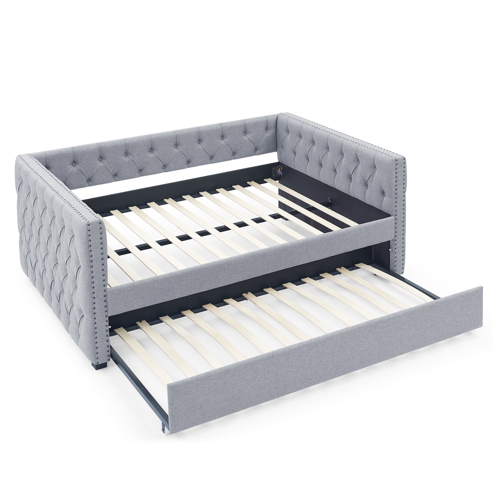 Twin Size Daybed with Trundle Upholstered Tufted Sofa Bed with Button and Copper Nails- Grey, Linen_6