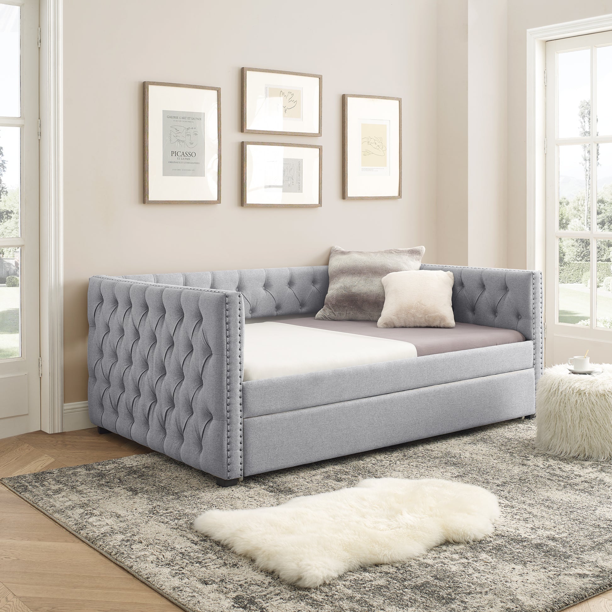 Twin Size Daybed with Trundle Upholstered Tufted Sofa Bed with Button and Copper Nails- Grey, Linen_1
