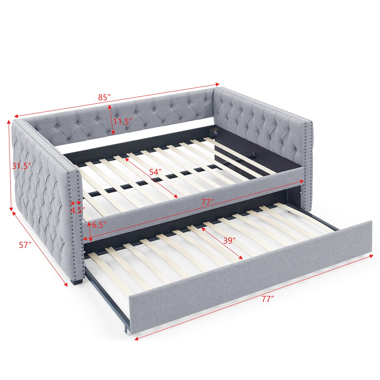 Twin Size Daybed with Trundle Upholstered Tufted Sofa Bed with Button and Copper Nails- Grey, Linen_11
