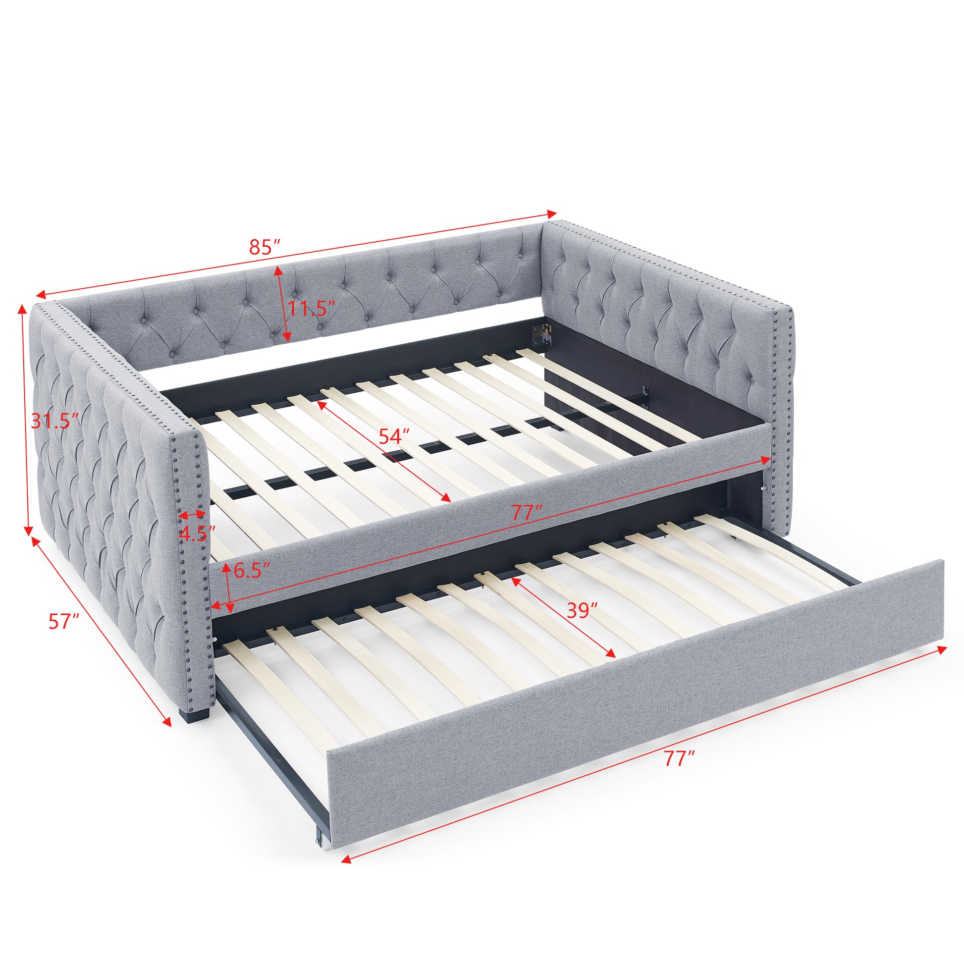 Twin Size Daybed with Trundle Upholstered Tufted Sofa Bed with Button and Copper Nails- Grey, Linen_11