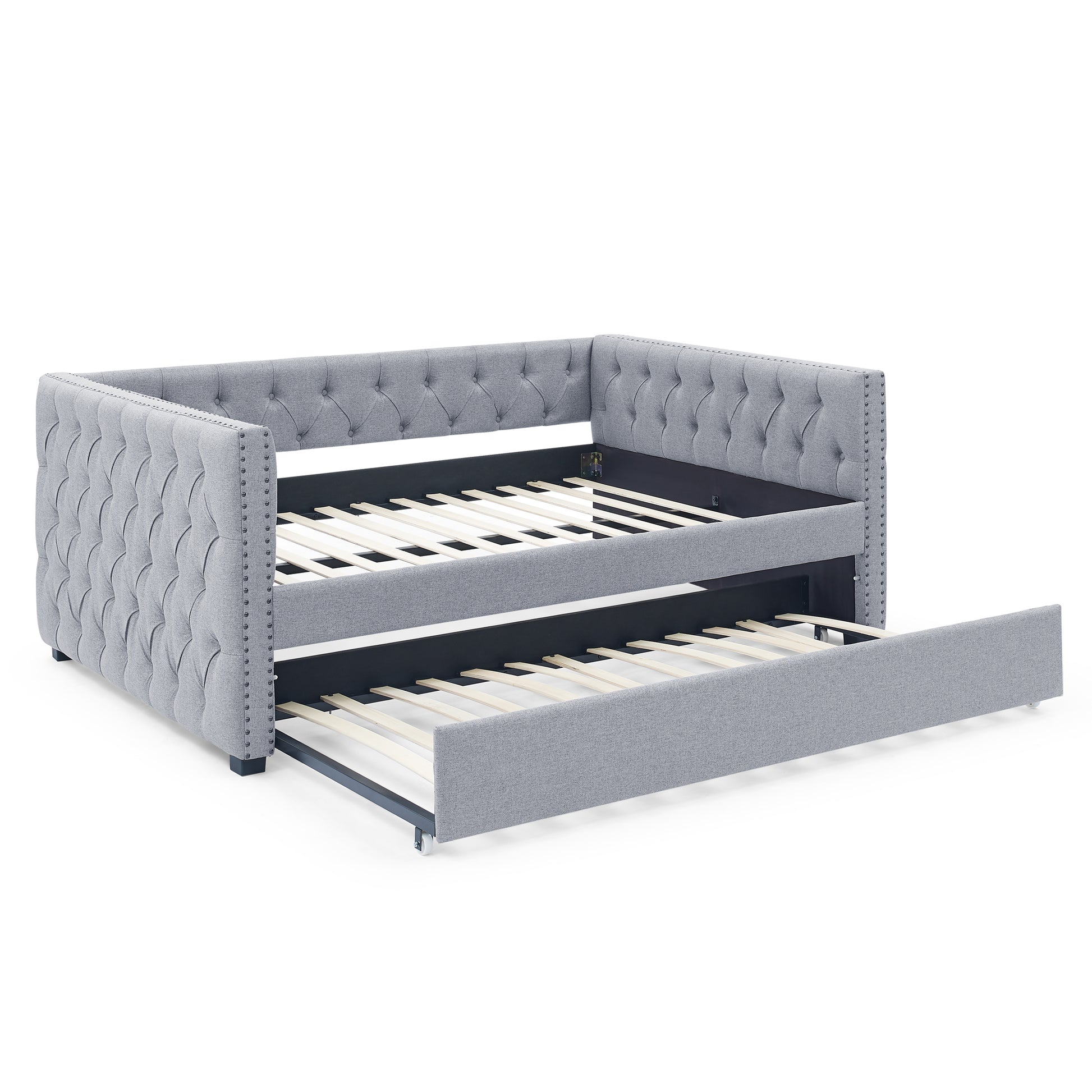 Twin Size Daybed with Trundle Upholstered Tufted Sofa Bed with Button and Copper Nails- Grey, Linen_4