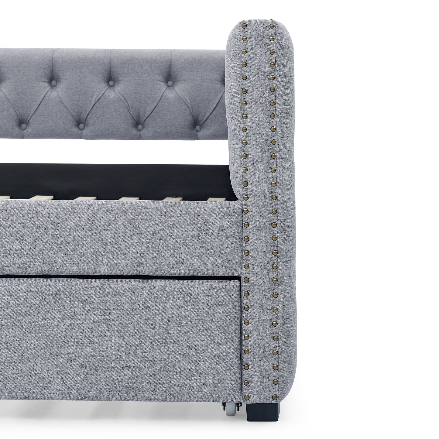 Twin Size Daybed with Trundle Upholstered Tufted Sofa Bed with Button and Copper Nails- Grey, Linen_9