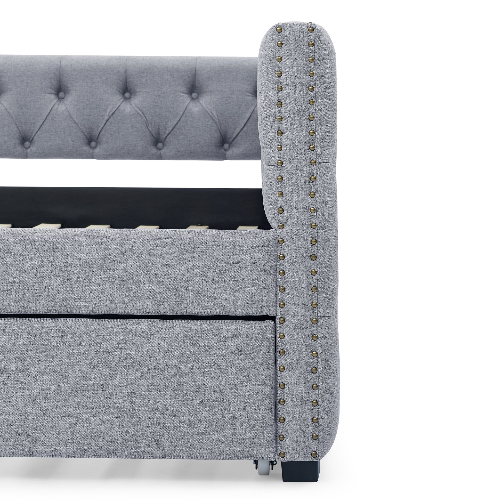 Twin Size Daybed with Trundle Upholstered Tufted Sofa Bed with Button and Copper Nails- Grey, Linen_9
