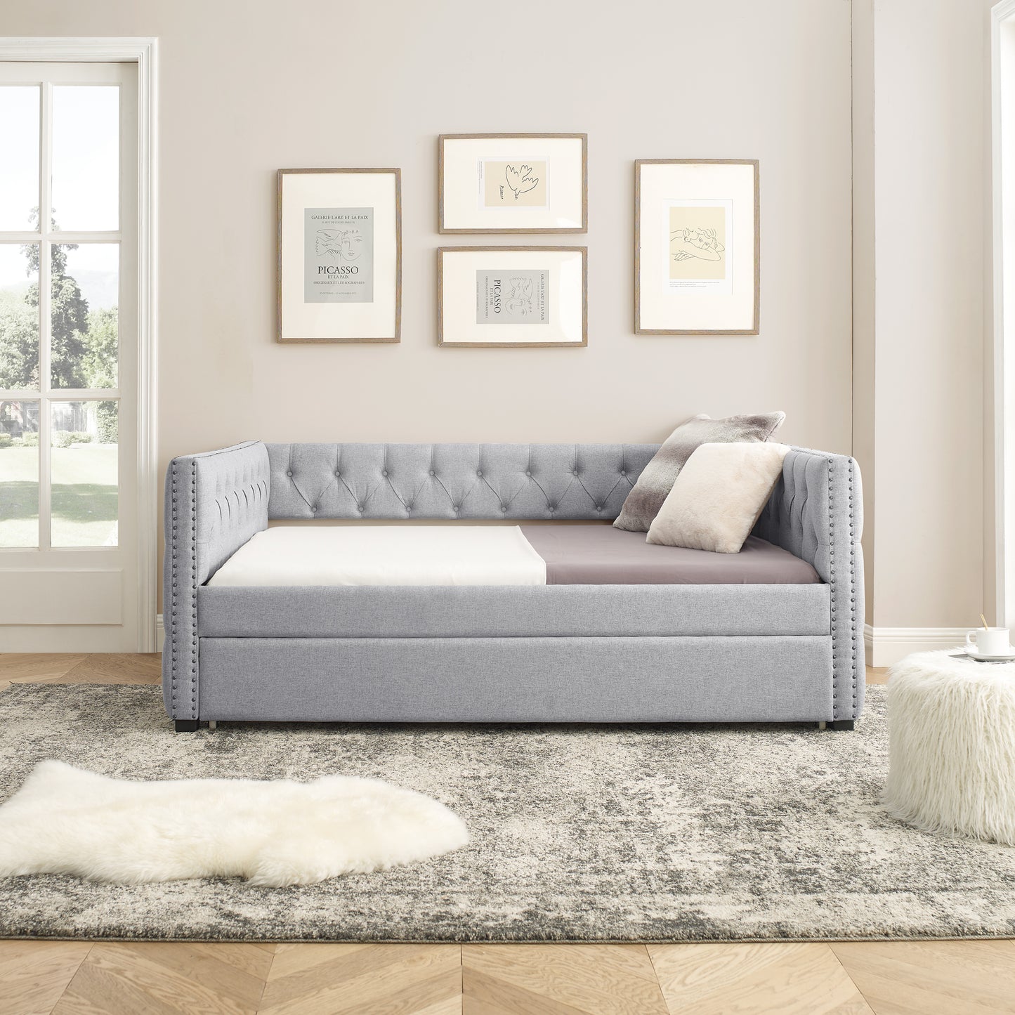 Twin Size Daybed with Trundle Upholstered Tufted Sofa Bed with Button and Copper Nails- Grey, Linen_2
