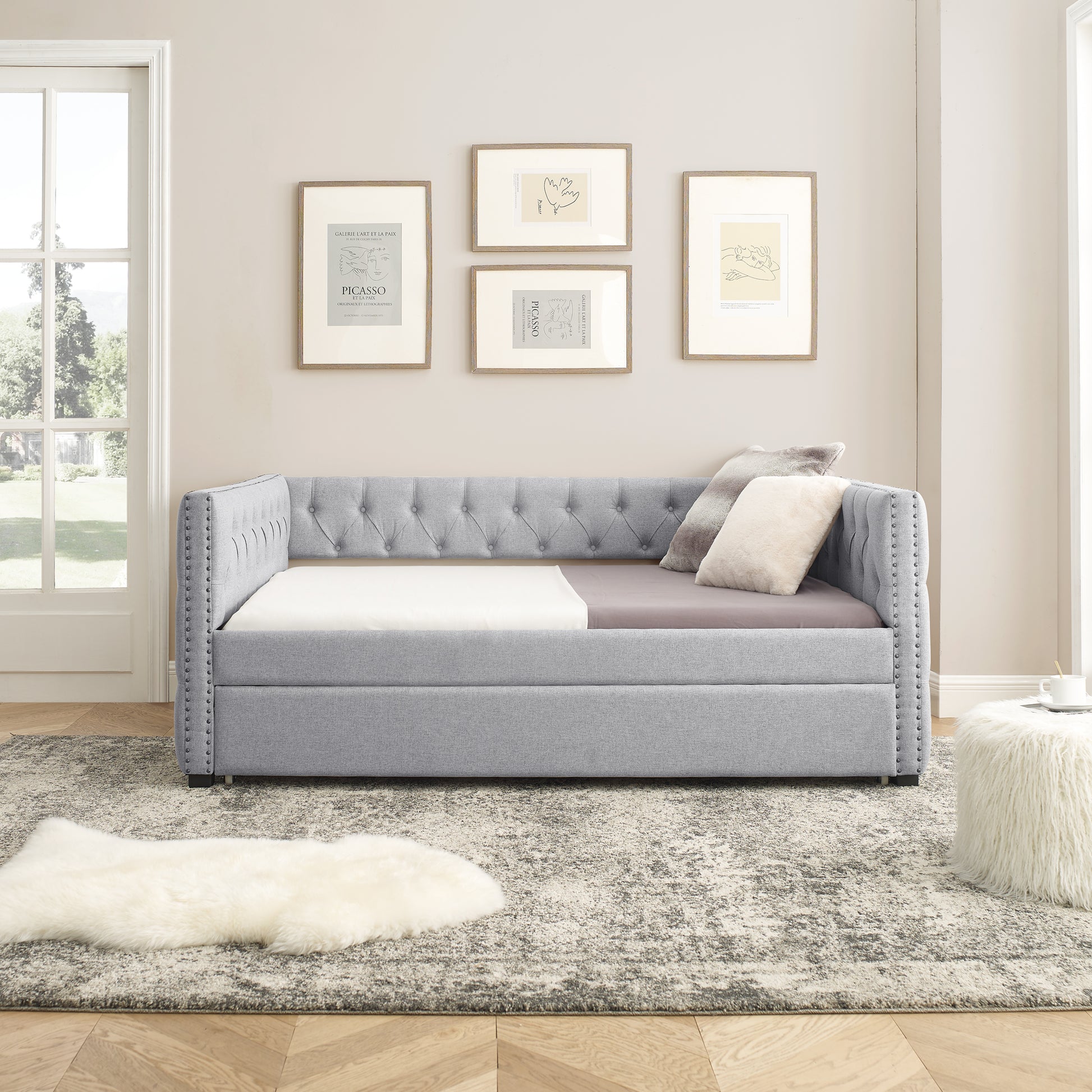 Twin Size Daybed with Trundle Upholstered Tufted Sofa Bed with Button and Copper Nails- Grey, Linen_2