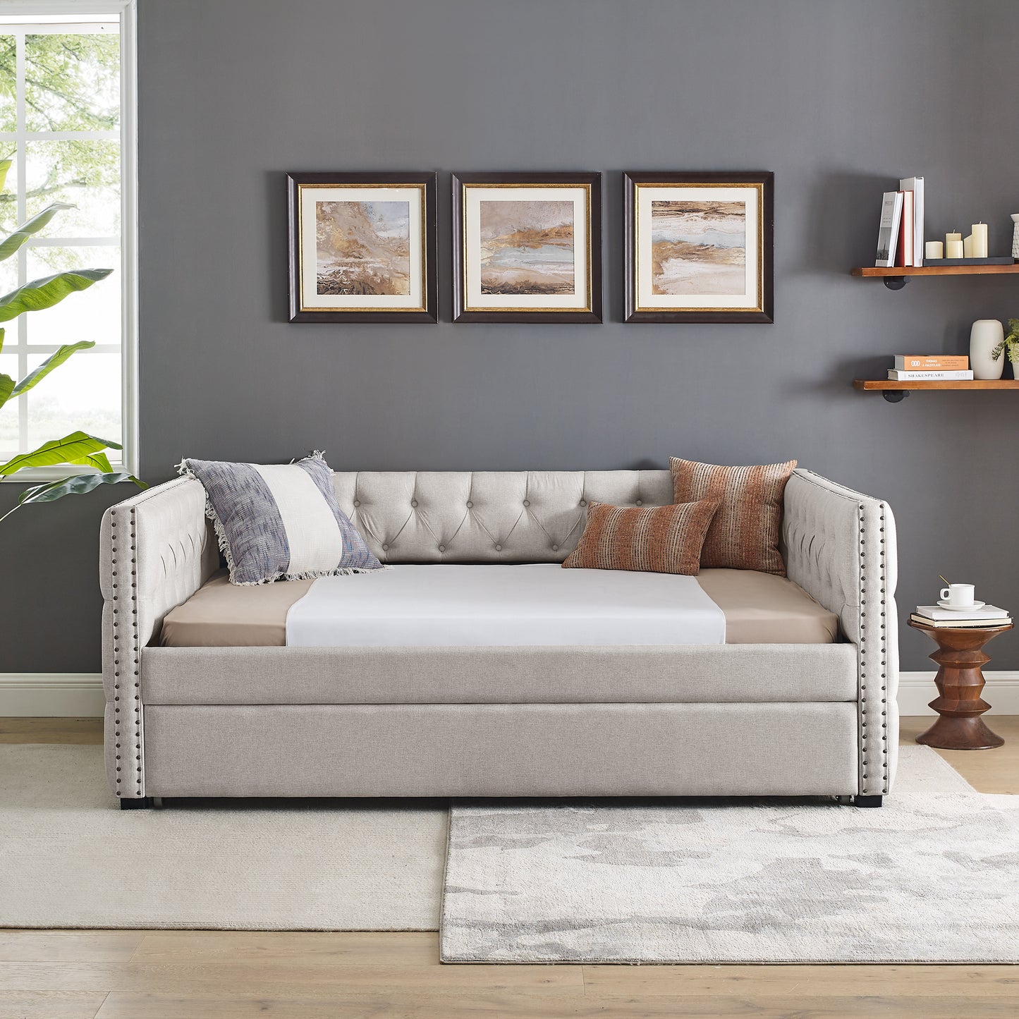 Twin Size Daybed with Trundle Upholstered Tufted Sofa Bed with Button and Copper Nails- Beige, Linen_2