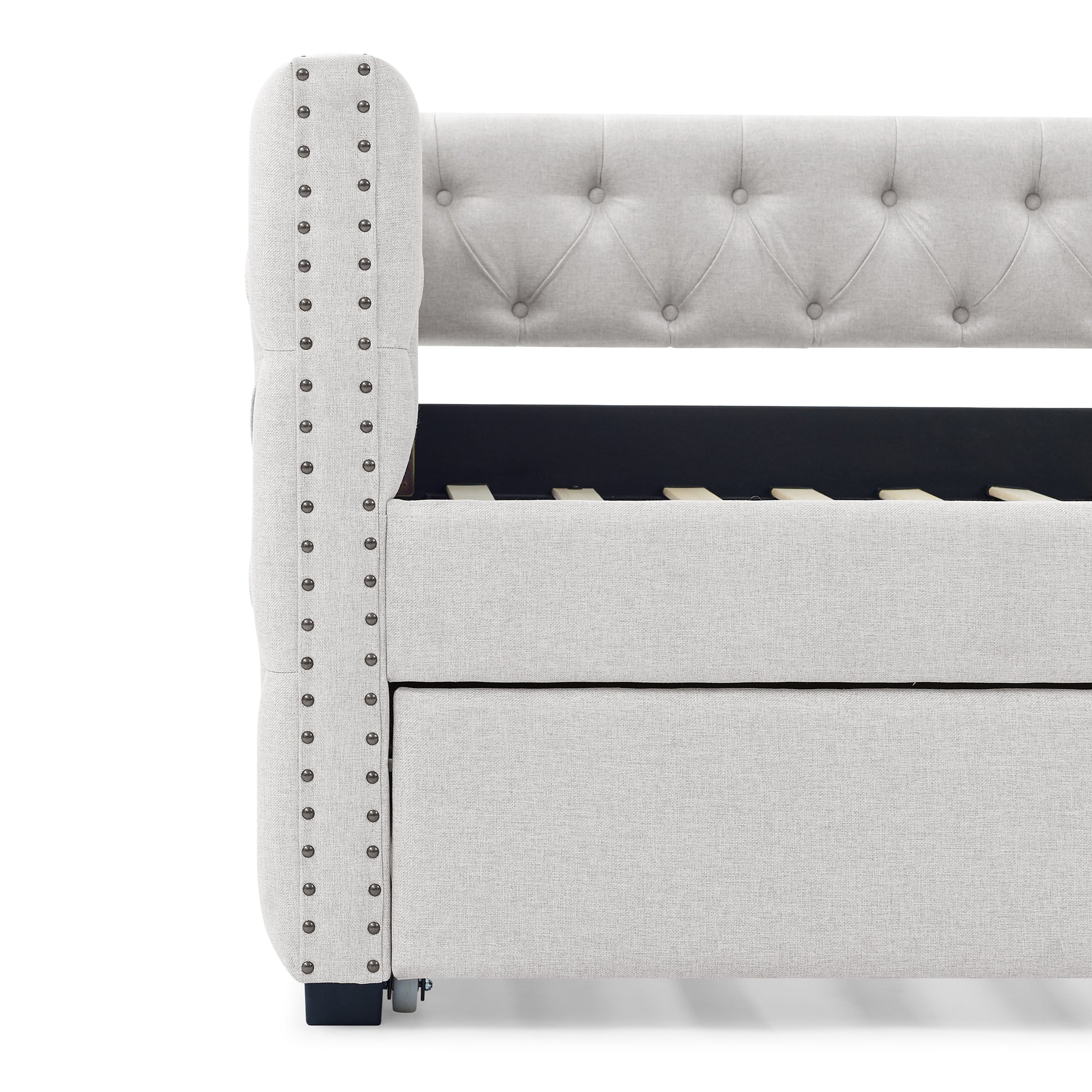 Twin Size Daybed with Trundle Upholstered Tufted Sofa Bed with Button and Copper Nails- Beige, Linen_8