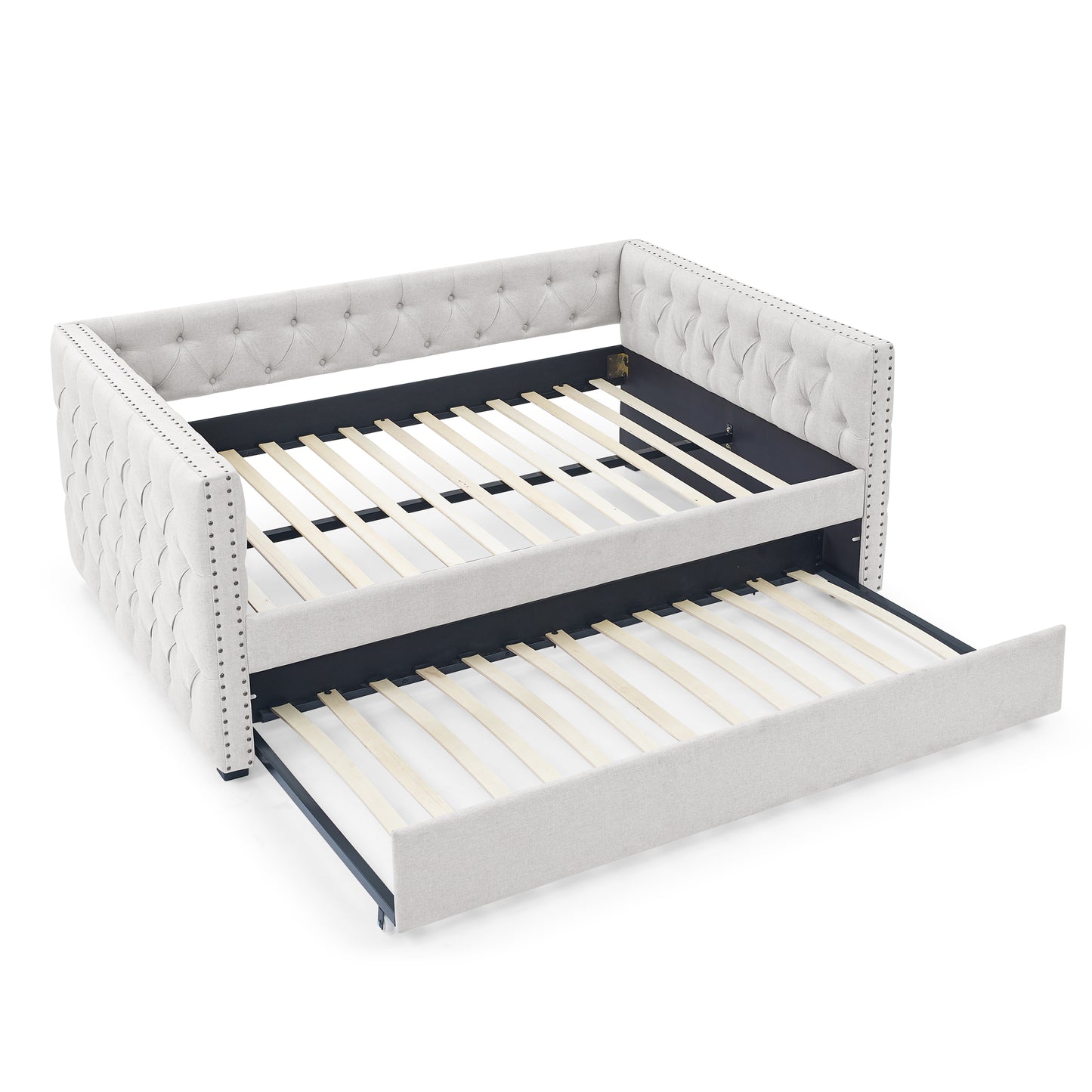 Twin Size Daybed with Trundle Upholstered Tufted Sofa Bed with Button and Copper Nails- Beige, Linen_5