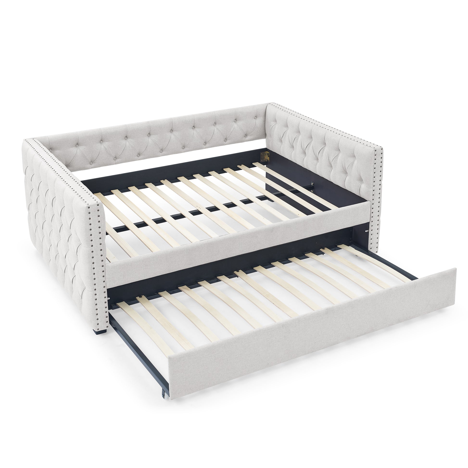 Twin Size Daybed with Trundle Upholstered Tufted Sofa Bed with Button and Copper Nails- Beige, Linen_5