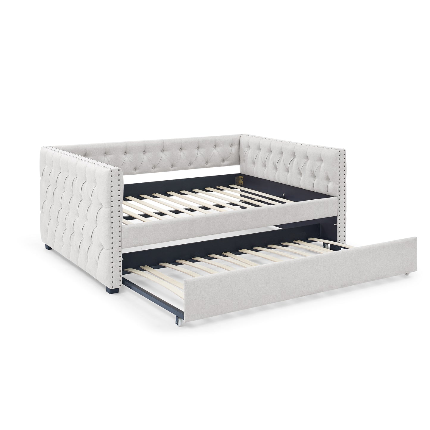 Twin Size Daybed with Trundle Upholstered Tufted Sofa Bed with Button and Copper Nails- Beige, Linen_6