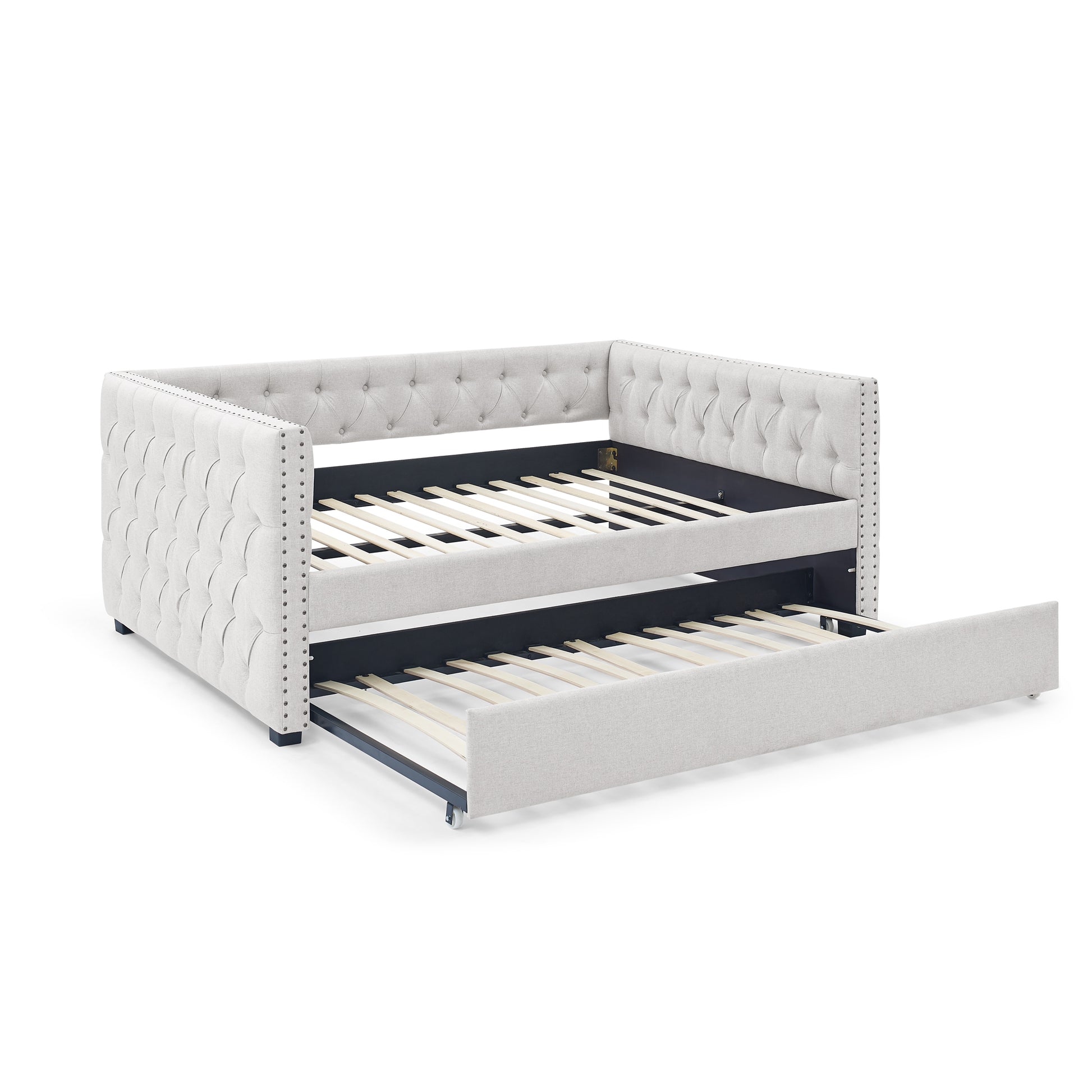 Twin Size Daybed with Trundle Upholstered Tufted Sofa Bed with Button and Copper Nails- Beige, Linen_6
