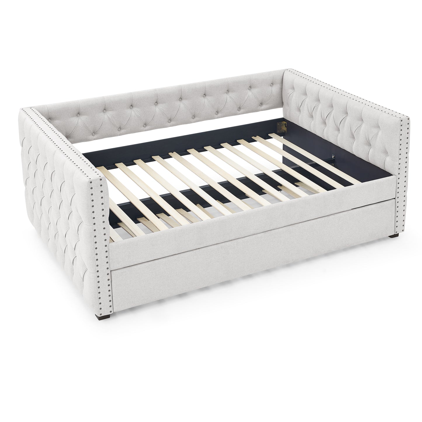 Twin Size Daybed with Trundle Upholstered Tufted Sofa Bed with Button and Copper Nails- Beige, Linen_4