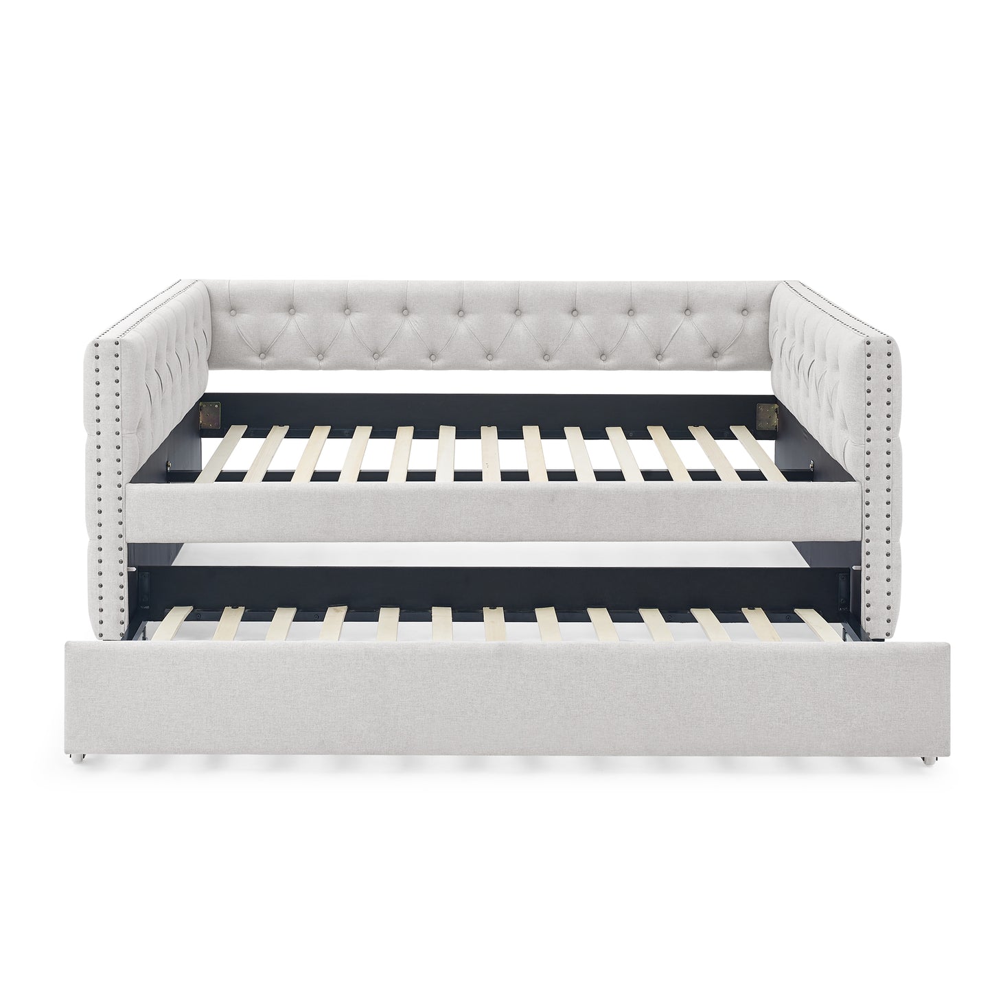 Twin Size Daybed with Trundle Upholstered Tufted Sofa Bed with Button and Copper Nails- Beige, Linen_3