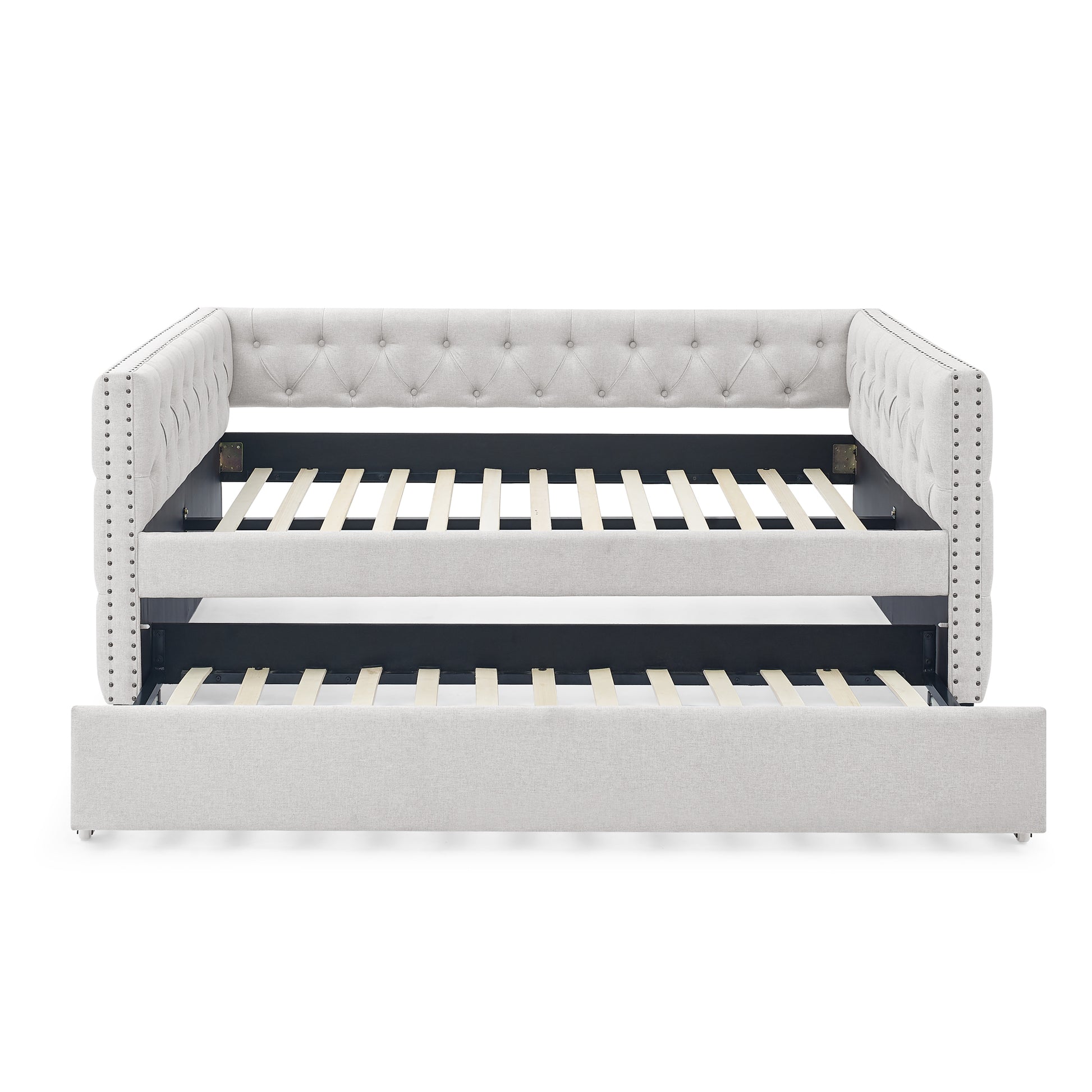 Twin Size Daybed with Trundle Upholstered Tufted Sofa Bed with Button and Copper Nails- Beige, Linen_3