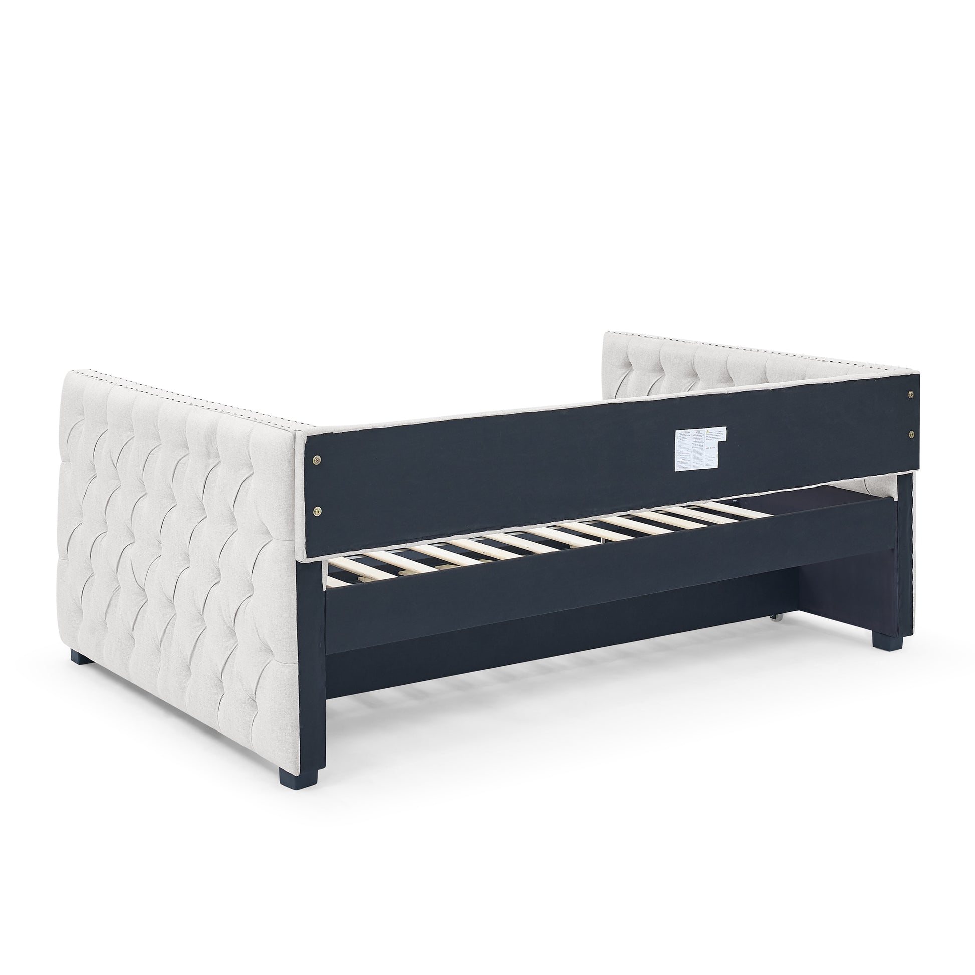 Twin Size Daybed with Trundle Upholstered Tufted Sofa Bed with Button and Copper Nails- Beige, Linen_7