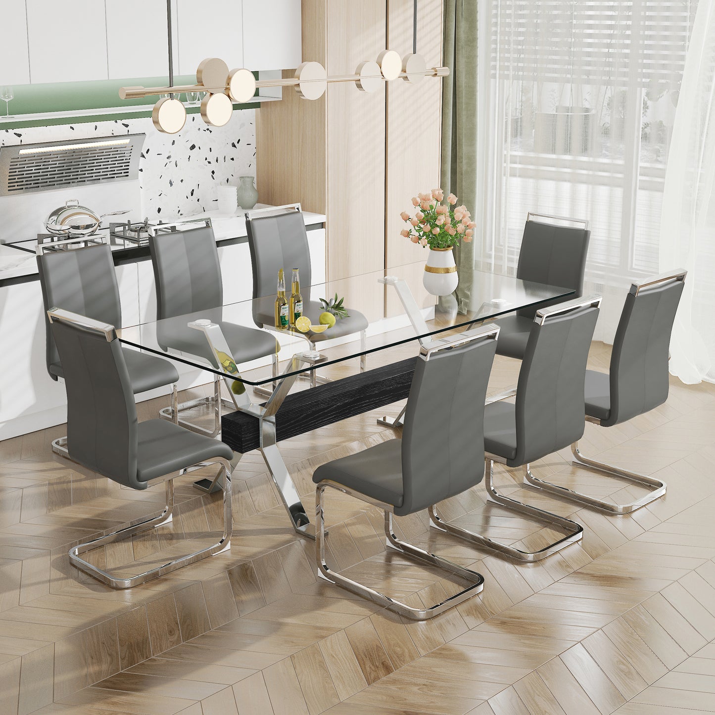Modern Luxury Tempered Chrome Plated Glass Table with Black Support Crossbar_7