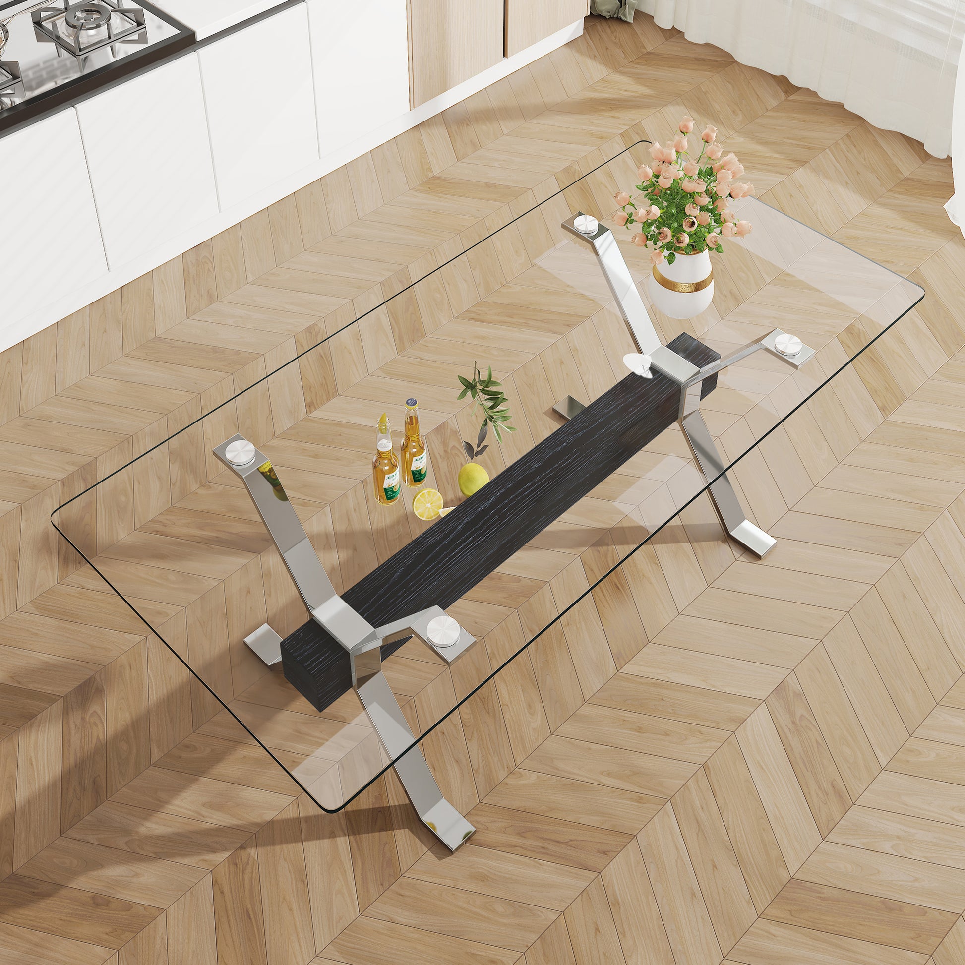 Modern Luxury Tempered Chrome Plated Glass Table with Black Support Crossbar_1