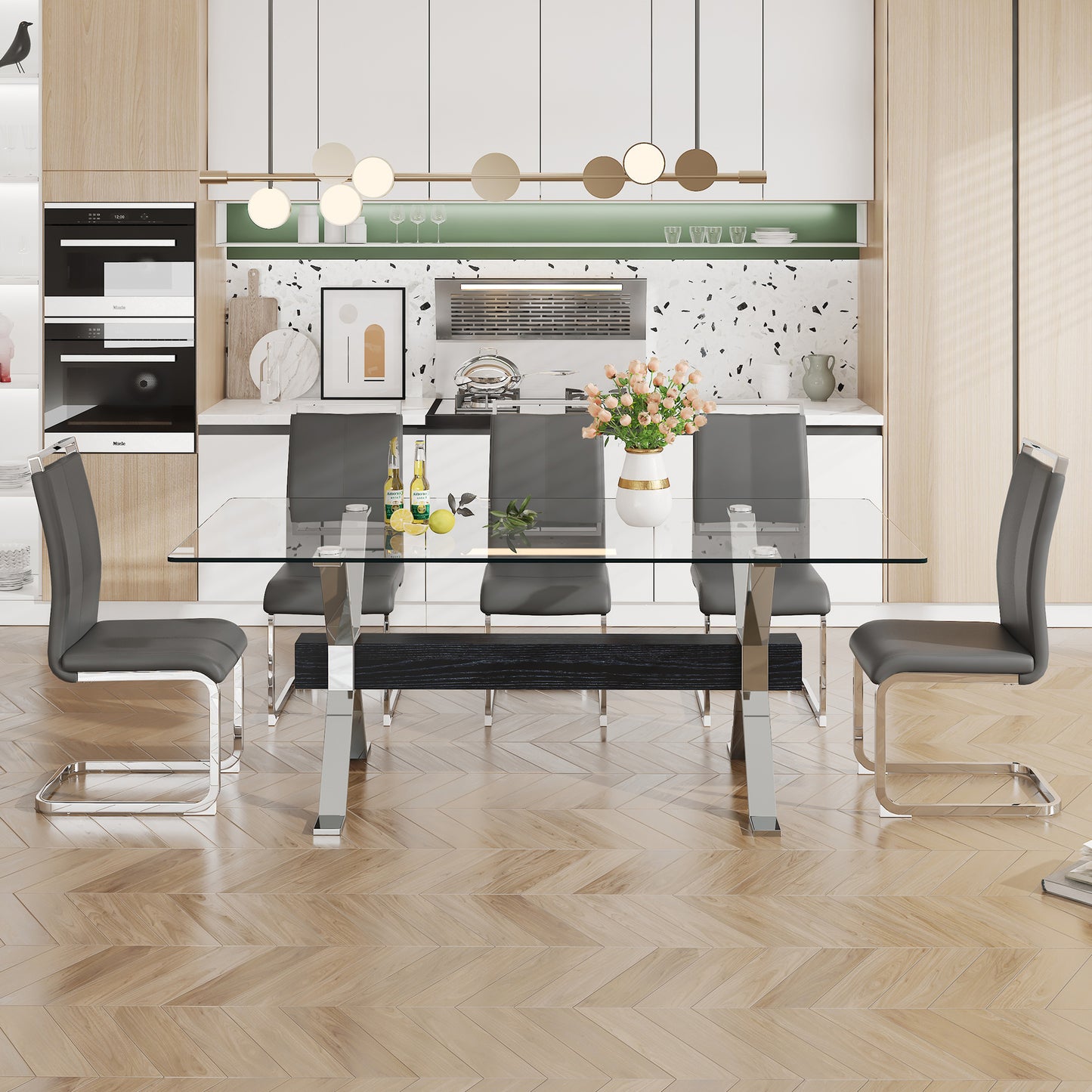 Modern Luxury Tempered Chrome Plated Glass Table with Black Support Crossbar_8