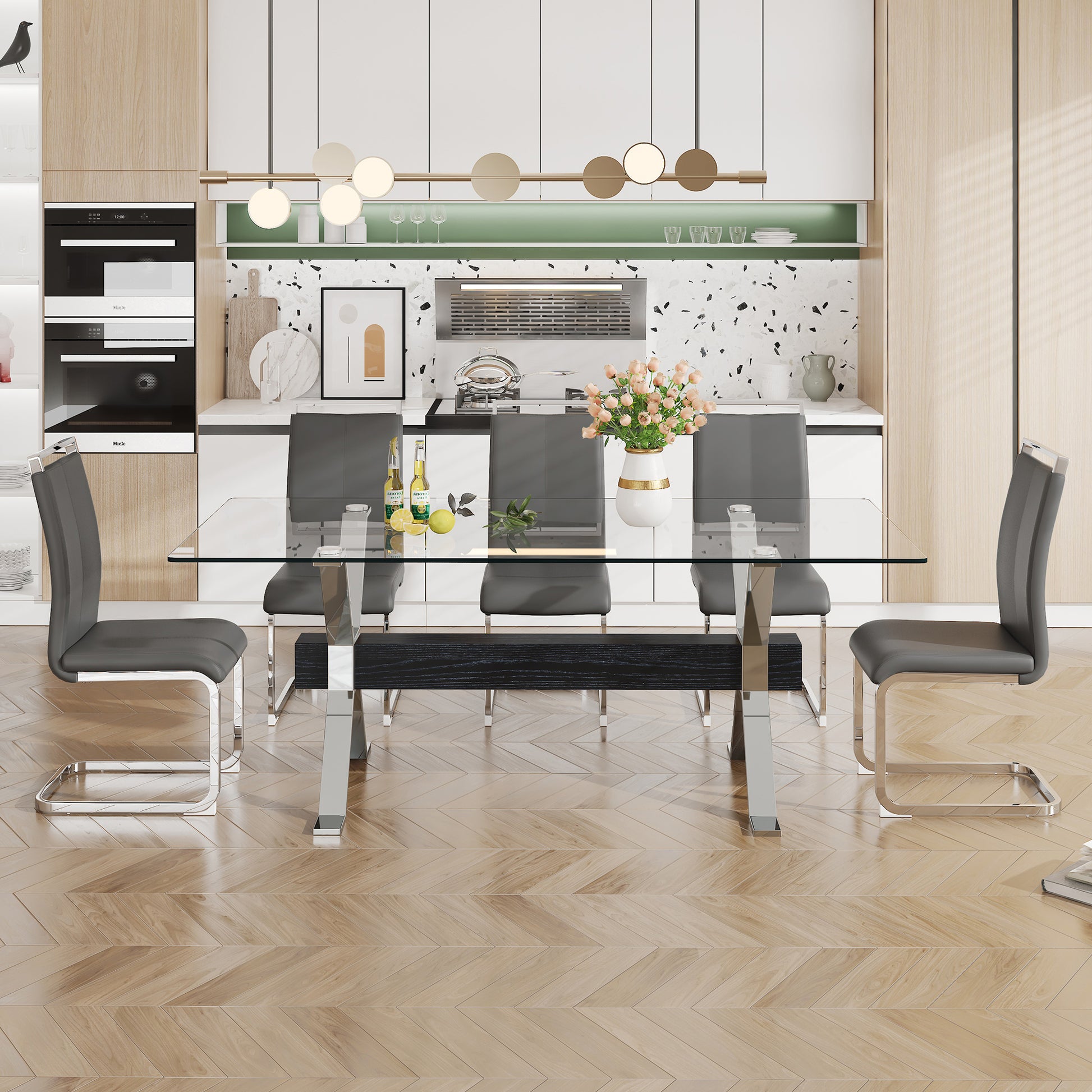 Modern Luxury Tempered Chrome Plated Glass Table with Black Support Crossbar_8