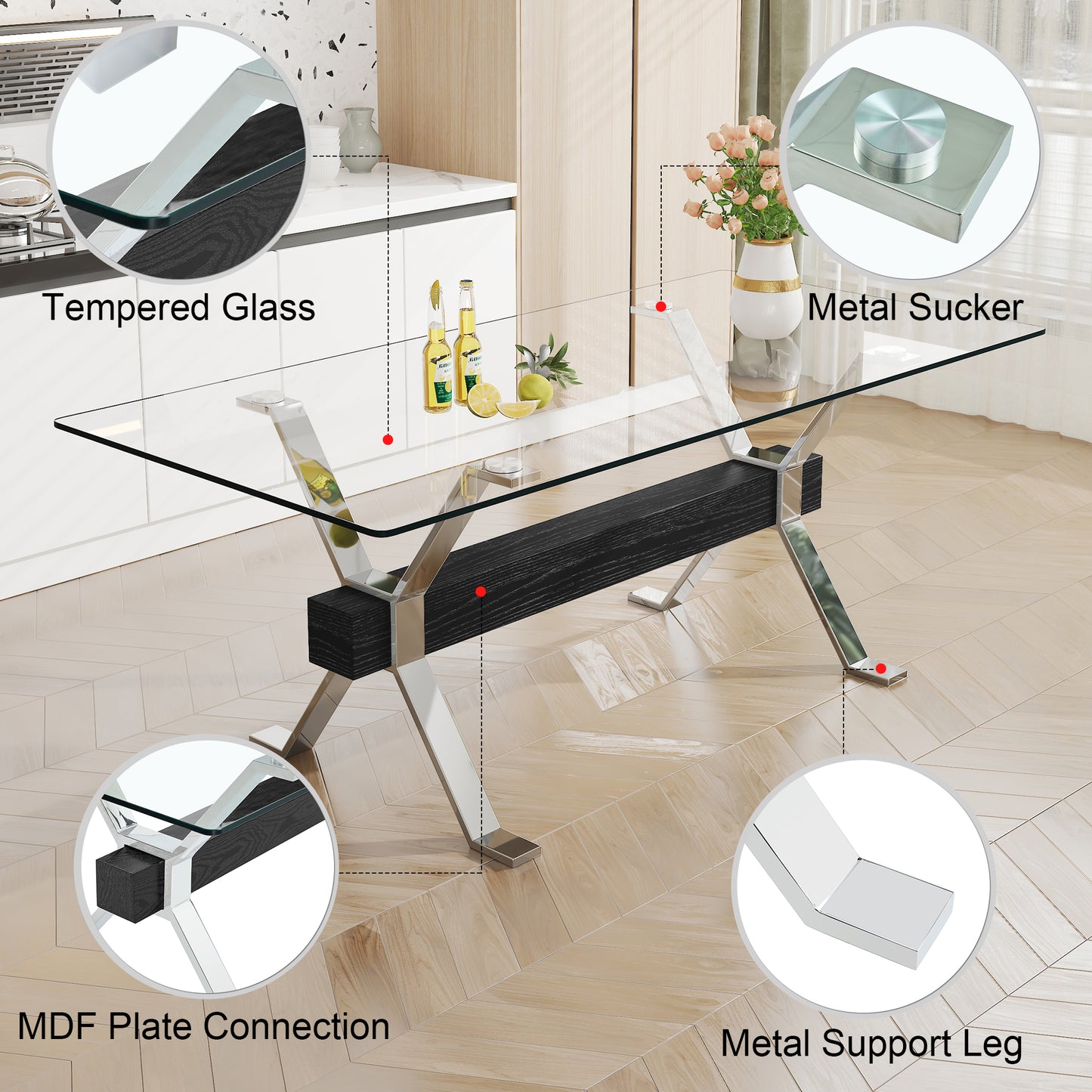 Modern Luxury Tempered Chrome Plated Glass Table with Black Support Crossbar_19