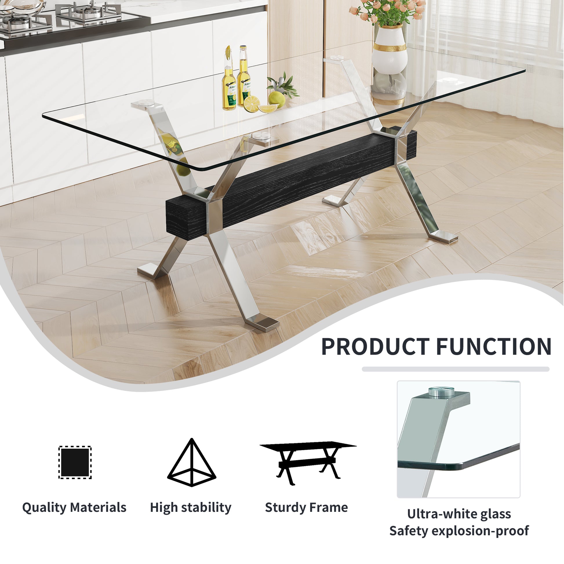 Modern Luxury Tempered Chrome Plated Glass Table with Black Support Crossbar_18
