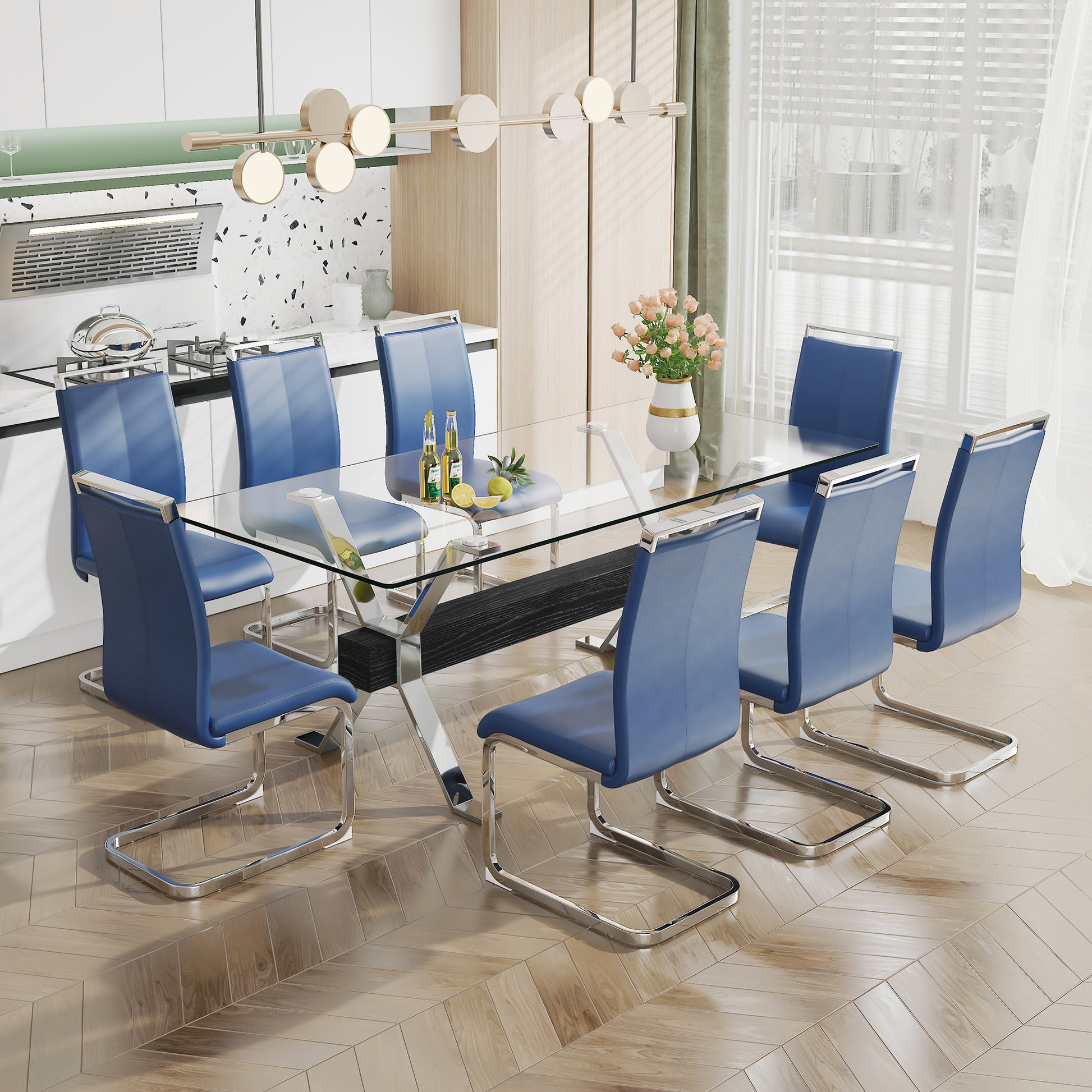 Modern Luxury Tempered Chrome Plated Glass Table with Black Support Crossbar_6