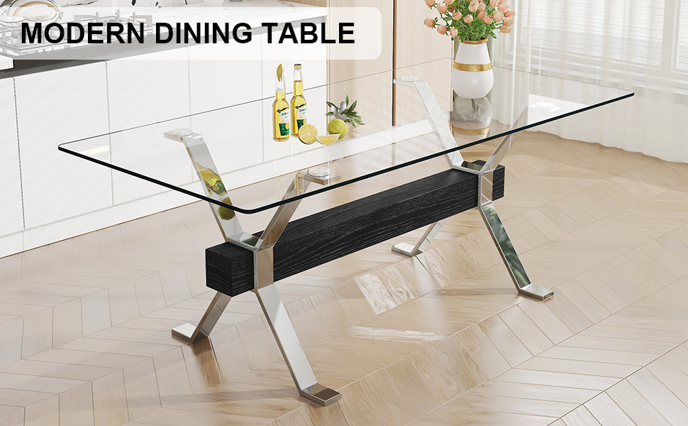 Modern Luxury Tempered Chrome Plated Glass Table with Black Support Crossbar_21