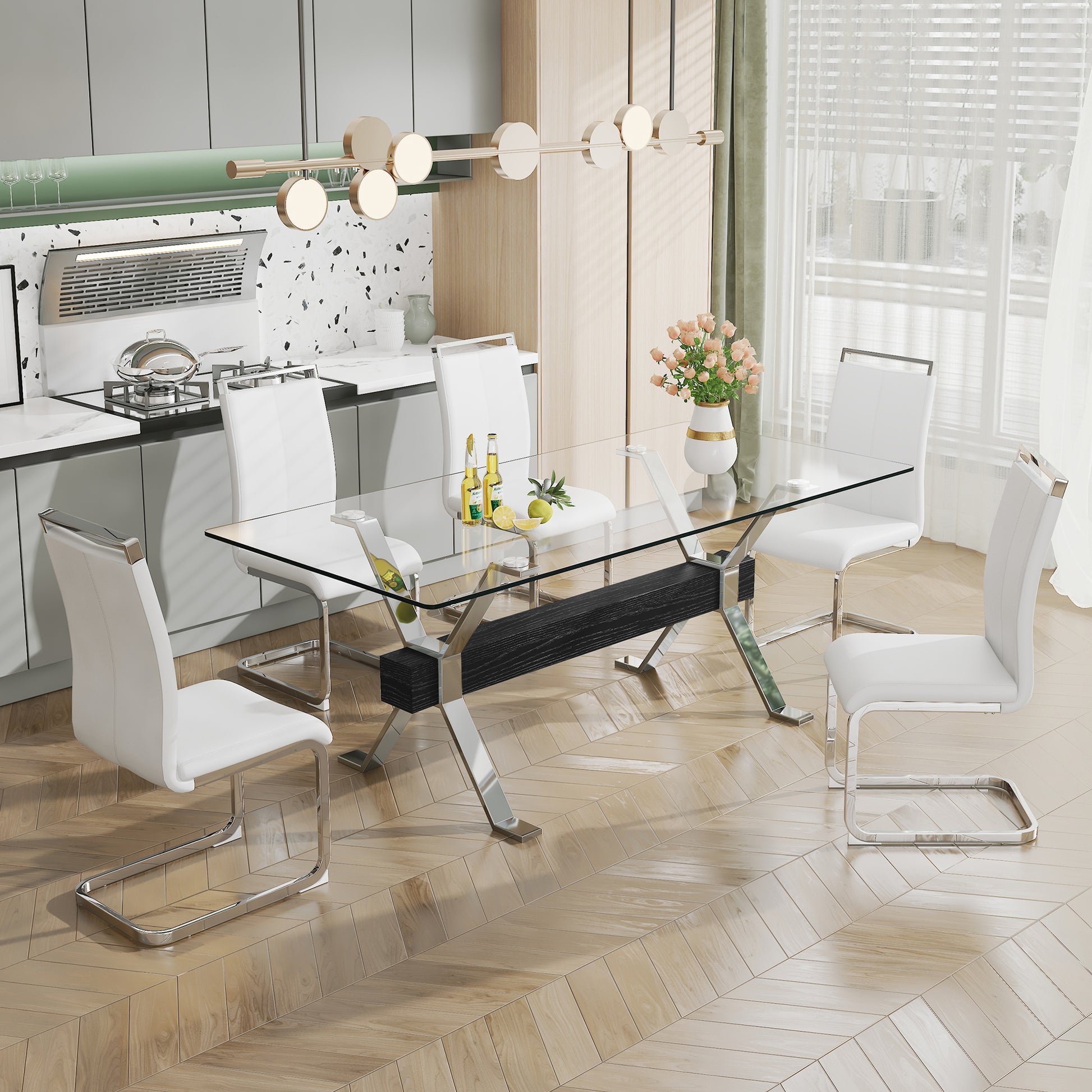 Modern Luxury Tempered Chrome Plated Glass Table with Black Support Crossbar_12