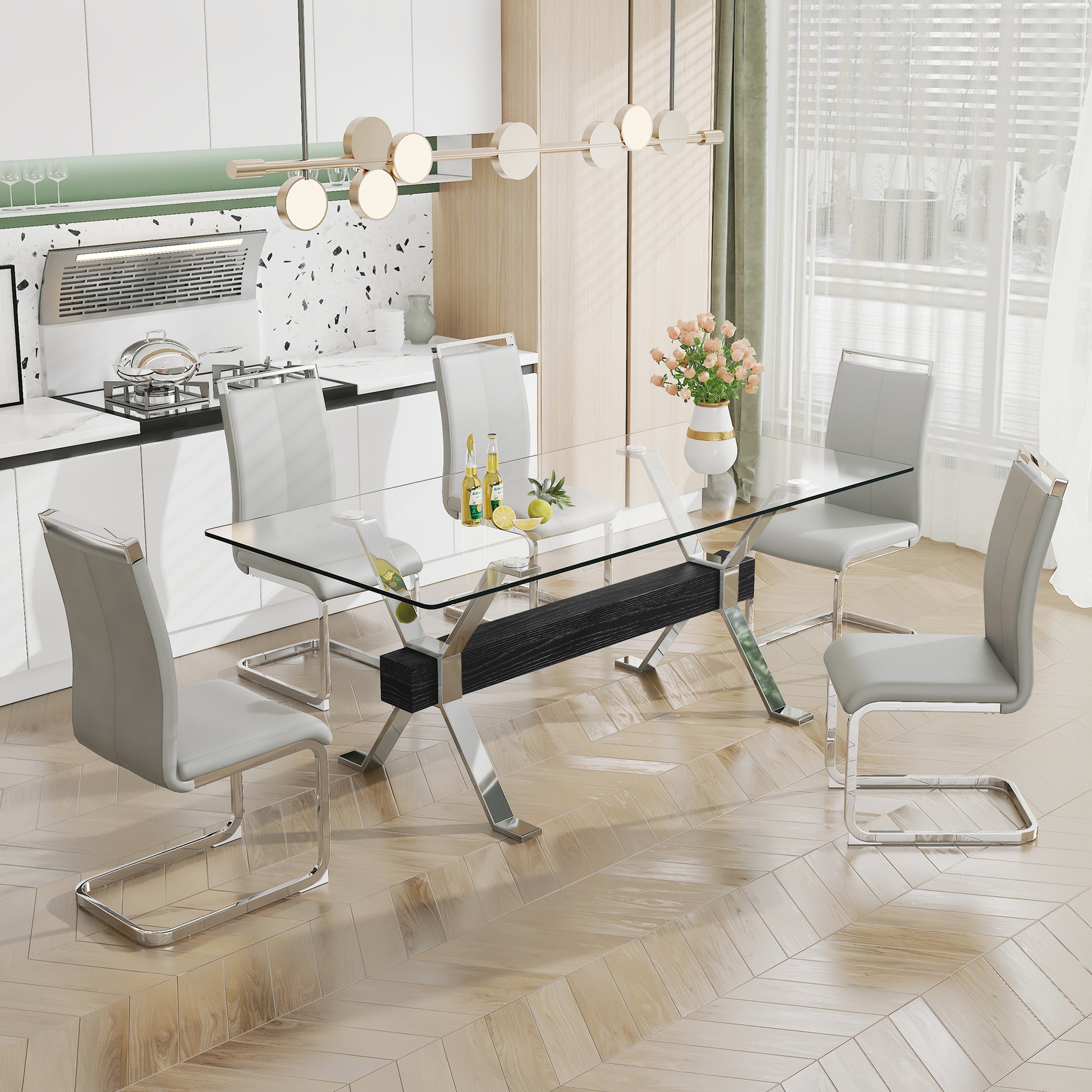 Modern Luxury Tempered Chrome Plated Glass Table with Black Support Crossbar_4