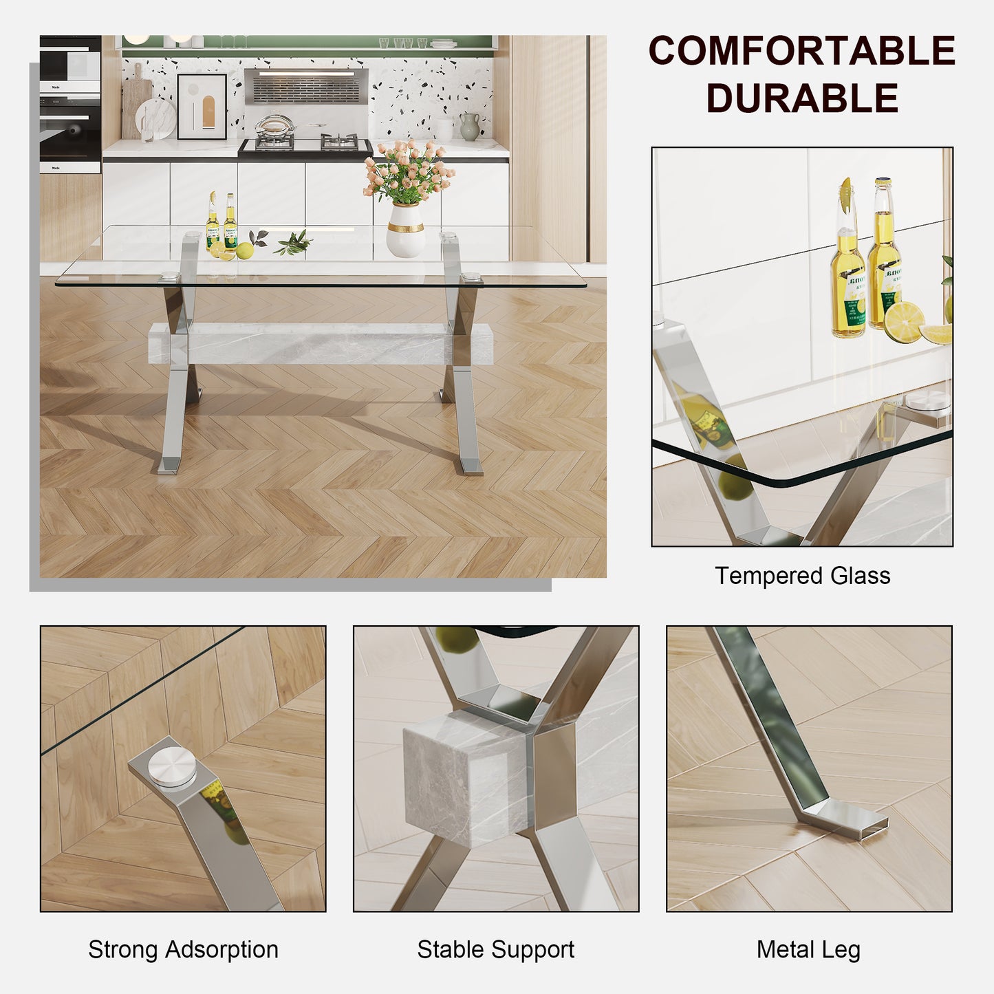 Modern Luxury Tempered Silver Chrome Plated Glass Table with White Support Crossbar_14